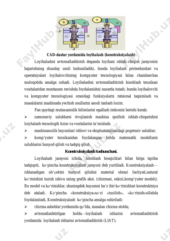ga oshadi. loyihalashni avtomatlashtirish hisoblash texnikasi vositalaridan muntazam ravishda foydalanishni nazarda tutadi; bunda loyihalovchi va kompyuter texnologiyasi orasidagi funksiyalarni ratsional taqsimlash va masalalarni mashinada yechish usullarini asosli tanlash lozim. fan quydagi mutaxassislik bilimlarini egallash imkonini berishi kerak:  zamonaviy uslublarni rivojlanish mashina qurilish ishlab-chiqarishini loiyhalash-texnologik tizim va vositalarini ta’minlash;  mashinasozlik buyumlari ishlovi va ekspluatatsiyasidagi pogressiv uslublar;  komp’yuter texnikasidan foydalangan holda matematik modellarni uslublarini bunyod qilish va tadqiq qilish. konstruksiyalash tushunchasi. loyihalash jarayoni ichida, hisoblash bosqichlari bilan birga tajriba tadqiqoti, ko‘pincha konstruksiyalash jarayoni deb yuritiladi. konstruksiyalash— ishlanadigan ob’yektni bunyod qilishni material obrazi faoliyati,natural ko‘rinishini tuzish ishiva uning grafik aksi. (chizmasi, eskizi,komp’yuter modeli). bu model va ko‘rinishlar, shuningdek buyumni ba’z ibir ko‘rinishlari konstruktsiya deb ataladi. ko‘pincha «konstruksiya»so‘zi «tuzilish», «ko‘rinish»sifatida foydalaniladi, konstruksiyalash ko‘pincha amalga oshiriladi:  chizma asboblar yordamida qo‘lda, masalan chizma stolda;  avtomatlashtirilgan holda—loyihalash ishlarini avtomatlashtirish yordamida loyihalash ishlarini avtomatlashtirish (liat); http://ru.wikipedia.org/wiki/%d0%a1%d0%b8%d1%81%d1%82%d0%b5%d0%bc%d0%b0_%d0%b0%d0%b2%d1%82%d0%be%d0%bc%d0%b0%d1%82%d0%b8%d0%b7%d0%b0%d1%86%d0%b8%d0%b8_%d0%bf%d1%80%d0%be%d0%b5%d0%ba%d1%82%d0%bd%d1%8b%d1%85_%d1%80%d0%b0%d0%b1%d0%be%d1%82 http://ru.wikipedia.org/wiki/%d0%a1%d0%b8%d1%81%d1%82%d0%b5%d0%bc%d0%b0_%d0%b0%d0%b2%d1%82%d0%be%d0%bc%d0%b0%d1%82%d0%b8%d0%b7%d0%b0%d1%86%d0%b8%d0%b8_%d0%bf%d1%80%d0%be%d0%b5%d0%ba%d1%82%d0%bd%d1%8b%d1%85_%d1%80%d0%b0%d0%b1%d0%be%d1%82 http://commons.wikimedia.org/wiki/file:3-2nfcapteur.png?uselang=ru avtomatik (odam qatnashmasdan) intelektual informati
