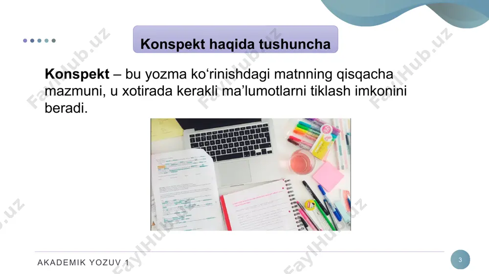 ikoya qilishda topish qiyinroq. bunda baribir to‘g‘rilash va aniqlashtirish uchun asl nusxaga murojaat qilish talab etiladi. bundan bir qator mualliflar tomonidan aytib o‘tilgan fikrlarni qiyosiy o‘rganishda matnli konspektlarni qo‘llash maqsadga muvofiqligi haqidagi xulosa kelib chiqadi. akademik yozuv 1 10 erkin konspekt matnli konspekt ko‘p hollarda — uzoq vaqt foydalaniladigan qo‘llanma. ba’zida bunday konspekt asarni tezkor o‘rganish uchun vaqtinchalik qo‘llanma sifatida ishlab chiqiladi. matnli konspektni tuzishda tez va to‘g‘ri asosiy iqtiboslarni tanlash talab qilinsa ham, bu turdagi konspekt uni yozish uchun qilingan ishlarni e’tiborga olganda murakkab hisoblanmaydi. ba’zida matnli konspekt qayta ishlash jarayonida yoki yozilayotganda erkin konspektga o‘tib ketadi. akademik yozuv 1 11 tematik konspekt tematik konspekt qo‘yilgan savol-mavzuga mukammalroq bo‘lgan javob beradi (foydalanilgan manbalar va materiallar soniga qarab). shuning uchun u tematik nomini olgan. bu konspektning o‘ziga xos xususiyati shundan iboratki, u bir necha manbalardan ma’lum bir mavzuni o‘rganish davomida foydalanilgan asarlardan har birining to‘liq mazmunini bermasligi mumkin. tematik konspektni …