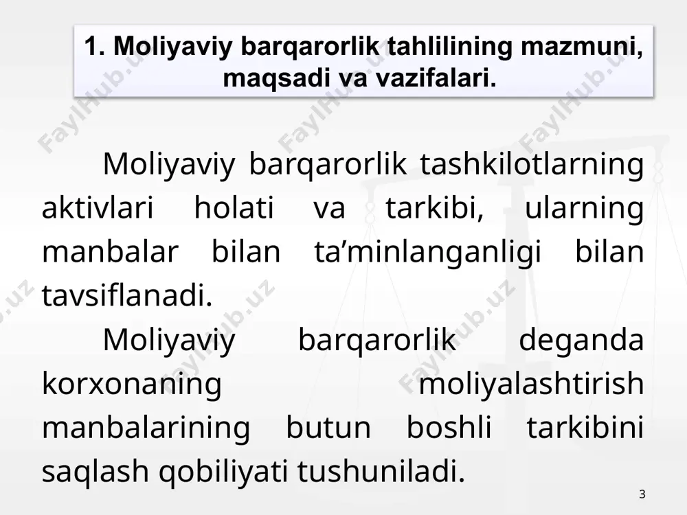 tiyoj taminlanadi. 4. korxonaning o‘z oborot mablag‘lari bilan ta’minlanganligi tahlili. o’amn=o’mm+umm-uma bu yerda: o’amn-o’z aylanma mablag’lari naqdligi; o’mm-o’z mabalag’lari manbasi (satr.480) umm-uzoq muddatli majburiyatlar (satr. 600) uma-uzoq muddatli aktivlar (satr.130) 10 11 ko’rsatkichlar aniqlanishi me’yor 1.o’z aylanma mablag’lari bilan ta’minlanganlik koeffienti o’amn/zx 0.6-0.8 2.o’z mablag’lari va uzoq muddatli qarz mablag’lari bilan ta’minlanganlik koeffitsienti o’ummn/zx minimum 1.0 ga teng 3.jami mablag’lar bilan ta’minlanganlik jmn/zx 1 dan yuqori aylanma mablag’lar bilan ta’minlanganlik koeffitsientlari 12 ko’rsatkichlar balans satri davr boshi davr oxiri farqi +,- 1.o’z mabalag’lari manbasi 480 5000 5500 2.uzoq muddatli majburiyatlar 600 6000 6500 3.uzoq muddatli aktivlar 130 6500 7000 4.o’z aylanma mablag’lari naqdligi o’z aylanma mablag’lari summasi va uning o’zgarishini tahlili ming so’m xulosa: korxonada o’z aylanma mablag’larining naqdligi davr boshida 4500 ming so’mni davr oxirida 5000 ming so’mni tashkil qilgan. davr boshiga nisbatan 500 ming so’mga ortgan. 5. korxonaning moliyaviy barqarorligi bilan bog‘liq koeffitsentlari va ularning tahlili. moliyaviy barqarorlik …