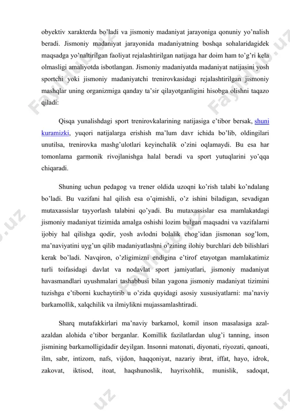 siga e’tibor bersak, shuni kuramizki, yuqori natijalarga erishish ma’lum davr ichida bo’lib, oldingilari unutilsa, trenirovka mashg’ulotlari keyinchalik o’zini oqlamaydi. bu esa har tomonlama garmonik rivojlanishga halal beradi va sport yutuqlarini yo’qqa chiqaradi. shuning uchun pedagog va trener oldida uzoqni ko’rish talabi ko’ndalang bo’ladi. bu vazifani hal qilish esa o’qimishli, o’z ishini biladigan, sevadigan mutaxassislar tayyorlash talabini qo’yadi. bu mutaxassislar esa mamlakatdagi jismoniy madaniyat tizimida amalga oshishi lozim bulgan maqsadni va vazifalarni ijobiy hal qilishga qodir, yosh avlodni bolalik chog’idan jismonan sog’lom, ma’naviyatini uyg’un qilib madaniyatlashni o’zining ilohiy burchlari deb bilishlari kerak bo’ladi. navqiron, o’zligimizni endigina e’tirof etayotgan mamlakatimiz turli toifasidagi davlat va nodavlat sport jamiyatlari, jismoniy madaniyat havasmandlari uyushmalari tashabbusi bilan yagona jismoniy madaniyat tizimini tuzishga e’tiborni kuchaytirib u o’zida quyidagi asosiy xususiyatlarni: ma’naviy barkamollik, xalqchilik va ilmiylikni mujassamlashtiradi. sharq mutafakkirlari ma’naviy barkamol, komil inson masalasiga azal-azaldan alohida e’tibor berganlar. komillik fazilatlardan ulug’i tanning, inson jismining barkamolligidadir deyilgan. insonni matonati, …