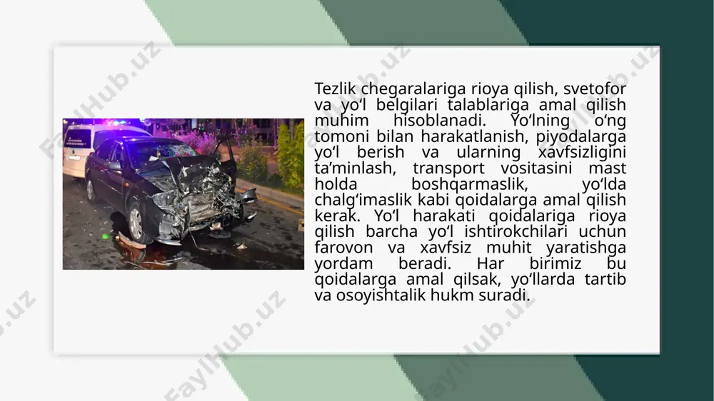 tomobilning to‘liq boshqarilishini yo‘qotish va baxtsiz hodisalarga olib kelishi ehtimolini oshiradi. yuqori tezlikda yo‘lni bosib o‘tish, avariya yuzaga kelganida tez yordam ko‘rsatish imkoniyatini cheklaydi va jarohat olish xavfini oshiradi.tezlikning oshishi reaktsiya vaqtini uzaytiradi, bu esa to‘satdan yuzaga kelgan holatlar, masalan, to‘siqlar, piyodalar yoki boshqa transport vositalari bilan to‘qnashuv ehtimolini orttiradi. tormozlash masofasi ham tezlik oshganda ortadi, bu esa avariya holatida vaziyatni tezda boshqarishni qiyinlashtiradi. tezlikni oshirish hayotingizga xavf soladi, chunki yuqori tezlikda harakatlanish avtomobilning boshqaruvini qiyinlashtiradi va hodisalarning jiddiy natijalarga olib kelishini kuchaytiradi. tezlik oshganda, tormozlash masofasi uzayadi va haydovchining to‘g‘ri qaror qabul qilish vaqti qisqaradi. bu esa, masalan, to‘siq yoki boshqa transport vositasi paydo bo‘lganda zaruriy choralarni ko‘rishga imkon bermaydi. tezlikni oshirish, xavf-xatarni oshiradi va baxtsiz hodisalarning oldini olish imkoniyatini kamaytiradi. yuqori tezlikda harakatlanish haydovchining va boshqa yo‘l ishtirokchilarining xavfsizligini xavf ostiga qo‘yadi. piyodalarga, velosipedchilarga yoki boshqa transport vositalariga zarba berish ehtimoli oshadi, bu esa o‘limga yoki og‘ir jarohatlarga …
