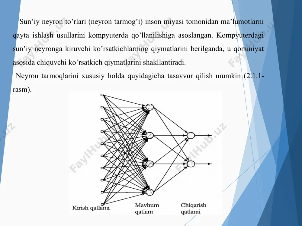 chim fazosida optimallashtirish maqsad funksiyasini minimallash yoki maksimallashtirishdan iborat. bunda qo’llaniladidan sun’iy neyron to’ri qayta aloqa prinsipli to’g’ri yo’nalishli bo’lishi talab etiladi. 5.boshqarish.neyroboshqaruv (inglizcha neurocontrol) intellektual boshqarishning xususiy holi hisoblanib, unda dinamik obyektlarni boshqarish masalalarini yechish uchun sun’iy neyron to’rlaridan foydalaniladi. neyroboshqaruvning nazariy asoslarini sun’iy intellekt asoslari, avtomatik boshqaruv nazariyasi tashkil etadi. sun’iy neyron ma’lumotlarni qayta ishlash vazifasini bajara oladi. bunda u qayta ishlangan kirish qiymatlarining yig’indisini hisoblaydi: (3.1) bu yerda, n – kiruvchi signallar maydoning o’lchami. bir va ko’p qatlamli neyron to’rlari bitta neyronning funktsional quvvati juda past, lekin uning afzalliklaridan biri – ko’plab neyronlar birlashtirilib, quvvati oshirilib ishlatilishi mumkin. quyida s dona neyrondan tashkil topgan bir qatlamli neyron to’r keltirilgan: r – kirish elementlari soni; s – birinchi qatlamdagi neyronlar soni; vaznlar vektori w matritsasining qatorlari neyronlarning indeksini, ustunlari esa kirish indekslarini ifodalaydi, ya’ni: –birinchi neyronning birinchi kirishga vazni; –birinchi neyronning ikkinchi kirishga vazni; –ikkinchi neyronning birinchi kirishga …