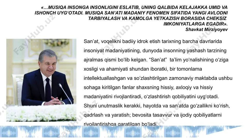 akkaxon va ansambl ijrosi, musiqa tinglash, ijodiy ishlarni bajarish, test topshiriqlari, musiqiy krossvordlarni yechish, musiqiy rolli o‘yinlarda qatnashish. bunday faoliyatni amalga oshirish quyidagi vazifani hal qilishga yordam beradi: o‘quvchining fikrlarini to‘ldirish, uni yangi, stereotipik bo‘lmagan narsalarni yaratishga intilishga o‘rgatish, mustaqil tanlov qilish, mustaqil qarorlar qabul qilish va ijodkorlikka fundamental munosabatni shakllantirish. bu esa o‘quv jarayonini individual va shaxsiy yo‘naltirilganligidan dalolat beradi. musiqa darsi — bu san’at darsi deganidir. bu so‘zlar bugun maktabda musiqa fani o‘qituvchisi ishida yetakchi tamoyillardan biriga aylandi. musiqiy asarlarning yaxlit xususiyatlariga, ularning emotsional va obrazli mazmuniga, musiqiy obrazlarning rivojlanish xususiyatlariga, ifodali vositalar majmuasiga katta ahamiyat bergan holda ko‘pgina musiqa fani o‘qituvchilari dars jarayonlarini tashkil etmoqdalar. evristik suhbatda o‘quvchilarning mustaqil fikrlashlari faollashadi va o‘qituvchining savoliga odatda o‘quvchilarning bir nechta javoblari yo‘llanadi. germenevtik suhbat ko‘rib chiqilayotgan hodisani batafsil tekshirish va tushuntirishni o‘z ichiga oladi. sokratik suhbat noaniq fikrlash, muhokama qilinayotgan hodisaga turli nuqtayi nazarlarni qabul qilish qobiliyatini rag‘batlantiradi. sokratik …