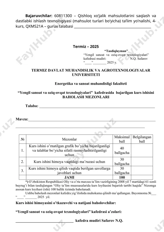 ___________________________________________________________________________________________________________________________________________________________________ ________________________________________________________________________________________________________________________________________________ rahbar: dotsent abdullayev i.e. “____”________ 2025 yil termiz davlat muhandislik va agrotexnologiyalar universiteti kurs ishi ga t a q r i z talaba: __________________________________________________________________ mavzu: __________________________________________________________________ 1. mavzuning dolzarbligini asoslash______________________________________________________ _______________________________________________________________________________________________________________________________________________________________________________________________________________________________________________________________ 2. ishning tarkibini baholash____________________________________________________________ __________________________________________________________________________________________________________________________________________________________________________ 3. mavzuning baholanishi va uning afzallik tomonlarini ko’rsatish____________________________ _______________________________________________________________________________________________________________________________________________________________________________________________________________________________________________________________ 4. ishda foydalanilgan adabiyotlarga baho berish___________________________________________ _______________________________________________________________________________________________________________________________________________________________________________________________________________________________________________________________ 5. ilmiy munazara yuritish qobiliyatiga baho berish________________________________________ ___