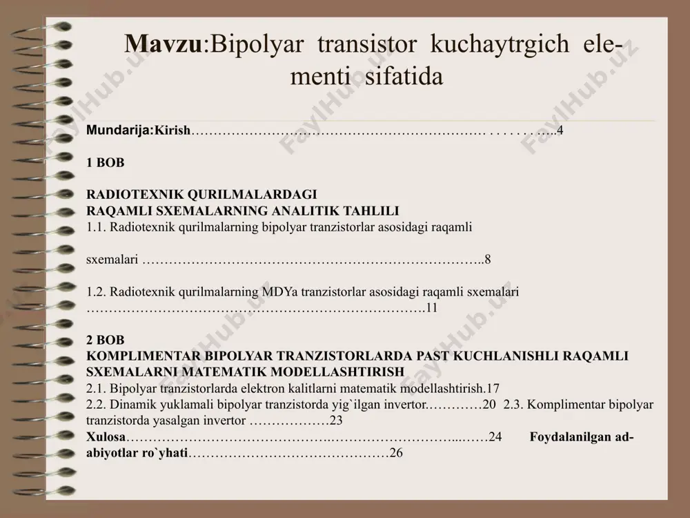 alari bipolyar integral sxemalar yordamida amaliyotda ko`p qo`llaniladigan an’anaviy radiotexnik qurilmalar tayyorlanishi mumkin. avval yarim o`tkazgichli bipolyar asboblarni, bazaviy sxemalarning xarakteristikalarini, shuningdek, ularning tuzilishini ko`rib chiqamiz. bipolyar tranzistorlar asosidagi sxemalarni hisoblashda ularning ishini to`liq baholashga imkon beruvchi bo`lak–to`g`ri chiziqli approksimatsiya usulidan foydalaniladi. bu usulning asosiy xususiyati shundaki, tranzistordagi p–n o`tish vs siljish kuchlanishiga ega bo`lgan ideal diod kabi hisoblanadi. uning xarakteristikasi 1.1–rasmda punktir chiziq bilan ko`rsatilgan. bipolyar tranzistorlar asosidagi sxemala bilan maydoniy mdya tranzistorlar asosidagi sxemalarning asosiy farqi shundaki, ulardan birining o`chib–yonishi (ya’ni qayta ulanishi) uchun nafaqat kuchlanish berish zarur, balki ulardan boshqaruvchi baza tokining oqib o`tishi ham ta’minlash kerak. bipolyar tranzistorlar asosida raqamli sxemalarni qurishda shu e’tiborga olish lozimki, tranzistorlarning kirish qarshiligi maydoniy tranzistorlardagi kabi nafaqat sig’imli tashkil etuvchiga, balki rezistiv (aktiv) tashkil etuvchiga ham ega. bipolyar tranzistorlarni tok bilan boshqarish maydoniy mdya tranzistorlarnikiga qaraganda kuchliroq ekanligi aniqlandi. 1.2. radiotexnik qurilmalarning mdya tranzistorlar asosidagi raqamli sxemalari agar n–p–n strukturali …
