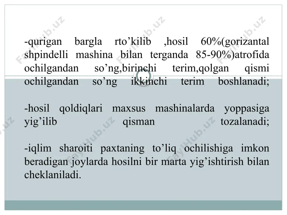 hlariga 1.5 mm gacha kirib turganligi sababli, chuvitilgan paxta tolalarini shpindellardan ajratib olib qabul kamerasi 2-ga tashlaydiva shu bilan bir vaqtda shpindel tishlarini qisman chirklanishdan tozalaydi.qabul kamerasidagi paxtani vintelyator 5 quvurlar 4 orqali so’rib ,chiqarish quvuri yordamida bunkerga tashlaydi. qabul kamerasining tubi ochiq bo’lganligi uchun og’ir jismlar (kesak, tosh ,ochilmagan ko’sak va boshqalar) bunkerga o’tmasdan yerga tushadi. 14xv -2,4 rusumli to’rt qatorli paxta terish mashinasi. to’rt qatorli vertical shpindelli bu mashina t-28x4m rusumli traktorga o’rnatib ishlatiladi. u qatorlar orasi 60 sm bo’lgan uchastkalardagi ochilgan ko’saklar paxtasini terishga mo’jallangan. mashina harakatlanayotgandauning g’o’za tuplarini ko’taruvchi apparatlari va oldingi g’ildirakning to’sig’i paxtasi teriladigan to’rtta qatordagi g’o’zalarni barabanlar orasidagi ish tirqishlariga yo’naltiradi.barabanlar mashinaning harakalanish tomoniga teskari yo’nalishda aylanadi.ularning aylana tezligi mashinaning harakat tezligidan 1,6 baravar kattadir;shunga ko’ra barabanlar g’o’za tupini apparatlarning ish tirqishiga tortayotganida shoxlarni ortiqcha egmaydi va sindirmaydi. mashinaning ishlash texnologik sxemasi . image3.png image4.png image5.png image6.png /docprops/thumbnail.jpeg