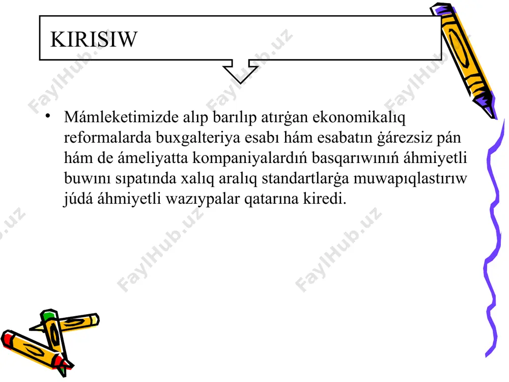 hárti menen bos aqshalardı jaylastırıw maqsetinde islengenligi bolıp tabıladı. respublikamızda bank sisteması mámleket oraylıq banki hám kommerciya banklerinen shólkemlesken bolıp, olar óz klientlerine shártnama tiykarında xızmet kórsetedi. klientler bank xızmetlerinen paydalanıwda ǵárezsiz túrde ózleri tańlaǵan bir yamasa bir neshe banklerde esap -kitap -pul menen baylanıslı operatsiyaları ámelge asıradı. xojalıqlarda ámeldegi pul qarjlarınan maqsetli paydalanıw hám olardı nátiyjeli basqarıw, sonıń menen birge, alınatuǵın aqshalar hám minnetlemelerdi waqıtında sóndiriw buxgalteriya esabı arqalı qadaǵalaw etiledi. sol sebepten, bul qadaǵalawdı tuwrı hám waqıtında shólkemlestiriwde onıń aldına bir qatar wazıypalardı orınlawdı talap etedi. ii-bap. kassa operatsiyaların esapqa alıw ha’m onin’ manisi. 2.1. kassa operatsiyaların esapqa alıw. kárxananıń kassası buxgalteriya aparatining quramında bolıp, oǵan naq pul qarjları hám basqa qımbatlıqlar (qımbatlı qaǵazlar, pulli hújjetler, pochta markaları hám basqa ) ni qabıllaw, beriw hám de saqlaw operatsiyaların ámelge asırıw minnetlemesi júkletilgen. pul qarjlarınıń butligi, kassa operatsiyaların orınlaw boyınsha materiallıq juwapkerlik kárxana basshısı tárepinen tayınlanatuǵın kassirga biriktirilgen. kassa …