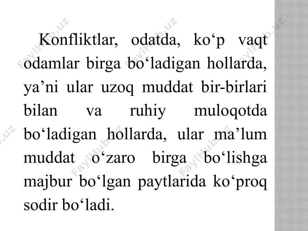 oonning tashabbusi bilan konfliktlarni bartaraf etishning xalqaro markazi tashkillashtirildi. rossiyada bo`lsa konfliktlarni bartaraf etishga yo`naltirilgan birinchi markaz 90-yillarda sankt-peterburgda ishga tushgan o‘zbekiston respublikasida yoshlarni har tomonlama komil insonlar qilib tarbiyalash, konfliktologik kayfiyat va xususiyatlarni o‘rganish bo‘yicha o‘qituvchining kasbiy, axloqiy fazilatlarini shakllantirish, rivojlantirishning ilmiy-nazariy masalalari bo‘yicha pedagog va psixolog olimlardan o.musurmonova, s.nishonova, h.rashidov, g.to‘ychieva, e.asadova, g.berdiev, v.karimova, e.g‘oziev, n.egamberdieva, r.z. jumaev, x.ibragimov, m.otaqulov, b.xodjaev, p.ergashev, a.muxsieva, m.umarova, r.musurmonov singari olimlarning ilmiy kuzatishlari shular jumlasiga kiradi. tushunchaning to‘liq ta’rifi: konflikt – o‘zaro ta’sir (harakat) jarayonida paydo bo‘ladigan jiddiy ziddiyatlari bo‘lib, konflikt sub’ektlari qarama-qarshiligidan iborat bo‘lib, odatda, salbiy his-kechinmalar (emotsiyalar) bilan kechadi. agar o‘zimizning bolaligimizni esga olsak, oddiy narsalar ustida juda qattiq qayg‘urganimiz, o‘z his-tuyg‘ularimizga berilib ketib, manfaatlarmiz himoyasi uchun kurashga kirganimizni anglaymiz. aytmoqchimizki, ilk bolalikdanoq, biz o‘z maqsadlarimizga yetishish uchun boshqalar manfaatlari bilan to‘qnashamiz. ammo ulg‘ayganimiz sari ikki xil hodisa yuz beradi. birinchidan, bolaligimizda bizga katta ta’sir o‘tkazgan kelishmovchiliklar ulg‘ayganimiz sari bizga …