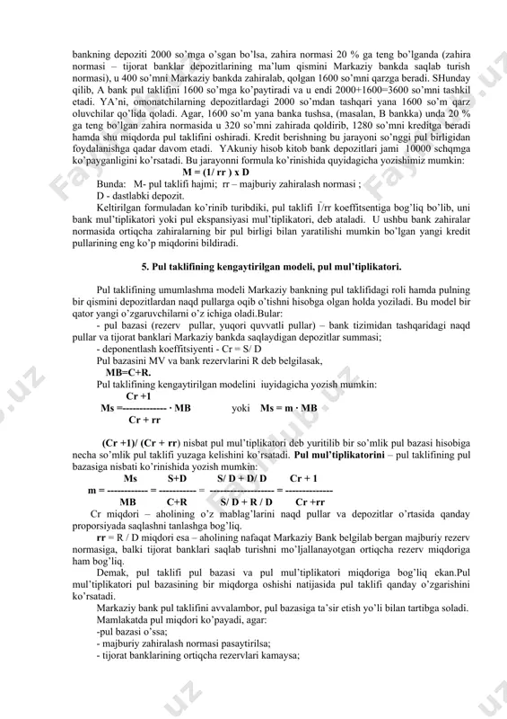 bo’lgan sharoitda ham pulga talabning ko’payishiga olib keladi. bu grafikda pulga talab egri chizig’ining siljishi ko’rinishida namoyon bo’ladi. r md=f(r) m/r 8.1-chizma. pulga talab grafigi o’zbekistonda o’rtacha oylik daromad qancha ekaniga oydinlik kiritildi. davlat statistika qo’mitasi ma’lumotga ko’ra, shu yilning sentyabr’ oyi holatiga binoan respublikada o’rtacha oylik daromad 1 mln 346 ming so’mdir. o’zbekistonda bugungi kunda eng ko’p aholi samarqand viloyatida istiqomat qiladi. viloyatda 3,7 mln kishi yashaydi. ikkinchi o’rindagi farg’ona viloyati 3,6 mln kishi, qashqadaryo viloyati 3,1 mln fuqaroga ega. shu yilning sentyabr’ oyi holatiga binoan 1,3 mln o’zbekistonlik xorijiy mamlakatlarda yashab, ishlayapti. shu yilning yanvar’-sentyabr’ oyida respublikada o’rtacha oylik daromadi 1 mln 346 ming so’mni (166,31 aqsh dollari) tashkil etgan. bu o’tgan yilning shu davriga nisbatan 14,3 foizga o’sganini anglatadi. o’zbekistonda xorijiy kapital ishtirokida jami 5421 ta korxona faoliyat yuritsa, shundan 3045 tasi qo’shma korxonalar, 2376 tasi xorijiy kapital hisobiga barpo etilgan korxonalardir. bunda asosan, rossiya, xitoy, qozog’iston, …