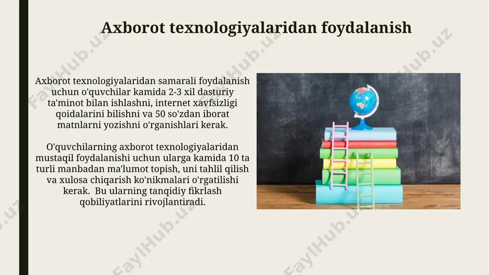 ishi muhim. talabalar o'rtasidagi hamkorlik talabalar o'rtasidagi samarali hamkorlikni ta'minlash uchun 3-5 kishilik guruhlarda 2-3 ta vazifani bajarish orqali o'zaro bilim almashish va muammo yechish ko'nikmalarini rivojlantirish kerak. har bir talabaning hissasini baholash uchun individual va guruhdagi ishtirokini kuzatish, 4 ball shkalasi yoki rubrika asosida baholab borish lozim. inklyuziv ta'lim va qo'llab-quvvatlash o'quv jarayonida kamida 3 xil turdagi qo'llab-quvvatlash (masalan, o'qituvchi, yordamchi o'qituvchi, tengdosh yordami) ta'minlash inklyuziv ta'limning samaradorligini oshiradi. inklyuziv ta'limda o'quvchilarning 70% gacha individual yondashuvni, 30% esa guruhdagi qo'llab-quvvatlashni talab qilishi mumkin, bu esa o'qituvchilardan turli pedagogik usullarni qo'llashni talab qiladi. talabalarning individual ehtiyojlari talabalarning 70% i guruhda ishlashni afzal ko'radi, qolgan 30% mustaqil ishlashni yaxshi ko'radi, shuning uchun turli xil o'quv formatlarini qo'llash zarur. har bir talabaning o'rganish uslubi turlicha: vizual, audial yoki kinestetik; shuning uchun 3 xil o'quv materiallarini taklif qilish samarali bo'ladi. e'tiboringiz uchun rahmat @taqdimot_robot image1.jpg image2.jpg image3.jpg image4.jpg image5.jpg image6.jpg image7.jpg image8.jpg image9.jpg …
