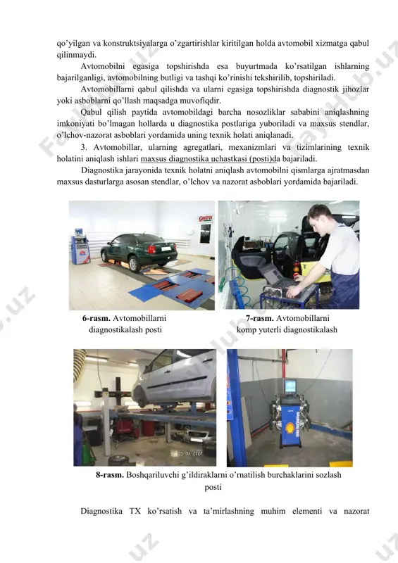 , kutilmaganda avtomobilda nosozliklar, buzilishlar sodir bo’lishi ehtimoli oldini olish ishlari texnik xizmat ko’rsatish postlarida bajariladi. ma’lumki, bu ishlar qarov-nazorat, qotirish-mahkamlash, sozlash, moylash va mayda ta’mirlash ishlaridan iborat bo’lib, kerakli texnologik jihozlar bilan ta’minlangan postlarda maxsus chuqurlar ustida yoki ko’targichlar, estakadalarda bajariladi. txk uchastkasining ayrim postlari, ba’zi ishlarni, masalan, moylash, oldingi g’ildiraklarning o’rnatish burchaklarini tekshirish va sozlash, motor gazlari zaharliligini me’yoriga keltirishga ixtisoslashgan bo’lishi mumkin. bu uchastka postlarining ixtisoslashganligi yoki jami ishlarni bajarishga mo’ljallanganligi korxonaning quvvatiga, ishlar hajmi va ularni tashkil etish usuliga bog’liqdir. 10-rasm. motor moylarini 11-rasm. tizimlarni texnik almashtirish posti suyuqliklar bilan ta’minlash posti 5. joriy ta’mirlash, ya’ni avtomobillar agregat, uzel va tizim qismlarida sodir bo’lgan buzilishlar, nosozliklarni tuzatish ishlari ta’mirlash, agregatlarni almashtirish postlarida bajariladi. ko’p hollarda bu buzilishlar va nosozliklarni oddiy sozlash yoki qotirish bilan bartaraf etib bo’lmaydi, buning uchun nosoz agregat yoki uzel avtomobildan yechib olinadi va almashtiriladi yoki maxsus ustaxonalarda ta’mirlanadi. ta’mirlash postlari ham maxsus …