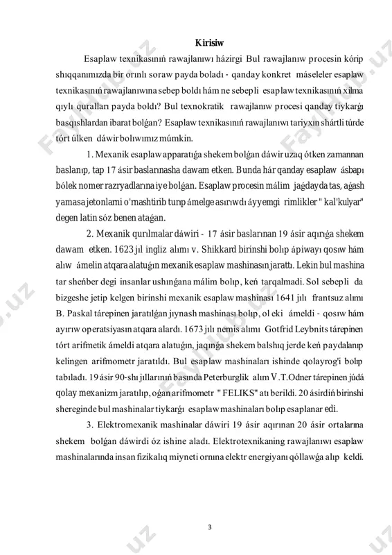 p rawajlanıwlashtirilib, onıń jumıs ónimliligi sol waqıt ushın kútá úlken bolǵan esaplaw tezligi sekundına 10000 operatsiyaǵa jetkizildi. eemniń rawajlanıw áwladları tómendegi kórsetkishler menen ańlatpalandi: eemniń ishki dúzilisi (arxitekturası ), programma támiynatı, eem menen paydalanıwshınıń óz-ara baylanıs quralları (tiller hám mámile forması) hám texnika tárepinen ámelge asırılıwı (element bazası, texnikalıq kórsetkishleri). tuwrısıda, birpara -bir kórsetkishlerdiń rawajlanıwı birdeyde emes; sol sebepli de eemlarni áwladlarǵa ajıratıw kóbirek hám málim bir mániste shártli esaplanadı. usınıń menen birge házirgi waqıtta eemlarni áwladlarǵa ajıratıwda 5 ábzallaw bolǵan kórsetkish olardı quraytuǵın element bazaları bolıp tabıladı. sol principke tiykarlanıp 1-shi áwlad eemlarining element bazası bolıp elektron lampalar xızmet etdi. bul áwlad eemlarining dúzilisi klassik sxemaǵa uyqas kelip, tiykarǵı qurılmalar óz-ara ajıralmas baylanısqan bloklar kompleksinen dúziledi (arifmetik- logikalıq yad, basqarıw apparatı, kirgiziw-shıǵarıw apparatı ). programmalar mashina tilinde tuzilib, hár bir bólek paydalanıwshı óz ixtiyoricha jumıslar edi. eemni málim bir waqıtqa alıp, waqtıniń bir bólegi programmanı sazlaw ushın ajratilardi. programma …