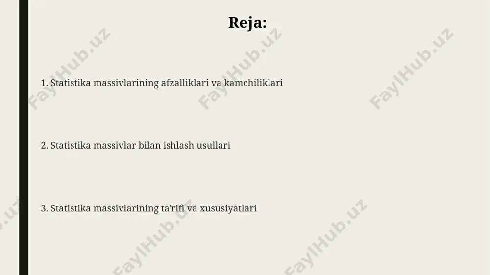 ptimallashtirish imkoniyatini beradi va ishlashni yaxshilaydi, lekin massiv hajmini o'zgartirish imkoniyati yo'q. statik massivlar xotirani oldindan ajratish orqali 1000 ta elementgacha bo'lgan ma'lumotlarni samarali saqlash imkonini beradi, bu esa dinamik massivlarga nisbatan tezroq kirish vaqtini ta'minlaydi. c++ da statik massivlarni ishlatish, xususan, 10 dan kam elementli kichik ma'lumotlar to'plamlarini qayta ishlashda, xotira boshqaruvini soddalashtiradi va xotira sarfini kamaytiradi. statik massivlarga kirish statik massivlar c++ da o'zgarmas hajmga ega bo'lib, ularning hajmi kompilyatsiya vaqtida aniqlanadi va dastur ishlagan vaqtda o'zgartirib bo'lmaydi, bu esa xotira samaradorligini oshiradi, ammo moslashuvchanlikni cheklaydi. massiv elementlariga 0 dan n-1 gacha indekslar orqali murojaat qilinadi. statik massivlarni yaratishda, massivning turi va elementlar sonini ko'rsatish kerak, masalan: `int myarray[10];` bu 10 ta butun sonli elementdan iborat massivni yaratadi. ushbu massiv 4 bayt 10 = 40 bayt xotira sarflaydi (agar int 4 bayt bo'lsa). statik massivlar bilan ishlashda, massiv chegaralaridan tashqariga chiqish xavfi mavjud, chunki massivning hajmi oldindan aniqlangan. …