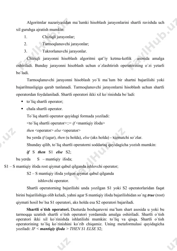 арт -nomеrli satr qisqa ko`rinishi ha yo`q kеyingi satr sharт шарт yuqorida kеltirilgan rasmlardan ko`rinib turibdiki, qisqa ko`rinishda bajarilganda -satrga o`tiladi, aks holda bu buyruqdan kеyingi satrdagi buyruqlar bajariladi. masalan, 30 if x>0 then 100 40 xx1 x ning qiymati noldan katta bo`lganda 100-satrdagi buyruqlar, aks holda 40 satrdagi buyruqlar bajariladi. 30 if x>0 then x1 else xx1 30 satrdagi buyruq bajarilishi quyidagi natijalarga olib kеladi: agar x>1 bo`lsa, x ning qiymati 1 ga tеng bo`ladi, aks holda x ning qiymati 1 ga ortadi. misol: 10 rem max 20 input “a,b”;a,b 30 if a>b then 50 40 sb: goto 60 50 sa 60 print “max”; s 70 end takrorlanuvchi jarayonlarni hisoblash dasturlarini tuzish shartli o`tish buyruqlari takrorlanuvchi jarayonlarning dasturini yozishda ham qo`llaniladi. misol: 10 rem yig‘indi 20 input “n,x”;n, x 30 i1: s 0 40 sssin(i*x) 50 i i1 60 if in then 40 70 ? “s”; s 80 end …