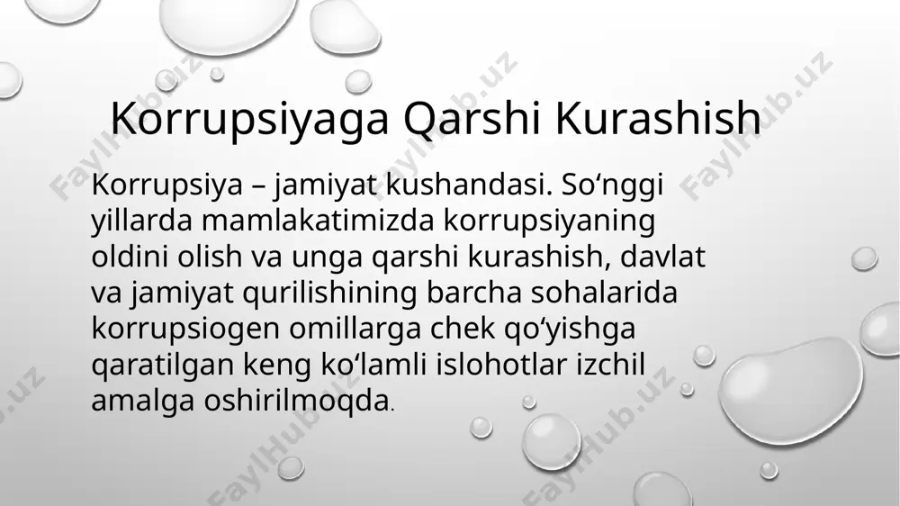 o‘rsatishi mumkin bo‘lgan hamda shaxsiy manfaatdorlik bilan fuqarolarning, tashkilotlarning, jamiyatning yoki davlatning huquqlari va qonuniy manfaatlari o‘rtasida qarama-qarshilik yuzaga kelayotgan yoki yuzaga kelishi mumkin bo‘lgan vaziyat korrupsiyaga qarshi kurashishning asosiy prinsiplari quyidagilardan iborat: qonuniylik; fuqarolar huquqlari, erkinliklari va qonuniy manfaatlarining ustuvorligi; ochiqlik va shaffoflik; tizimlilik; davlat va fuqarolik jamiyatining hamkorligi; korrupsiyaning oldini olishga doir chora-tadbirlar ustuvorligi; korrupsiyaga qarshi kurashish sohasidagi davlat siyosatining asosiy yo‘nalishlari quyidagilardan iborat: aholining huquqiy ongi va huquqiy madaniyatini yuksaltirish, jamiyatda korrupsiyaga nisbatan murosasiz munosabatni shakllantirish; davlat va jamiyat hayotining barcha sohalarida korrupsiyaning oldini olishga doir chora-tadbirlarni amalga oshirish; korrupsiyaga oid huquqbuzarliklarni o‘z vaqtida aniqlash, ularga chek qo‘yish, ularning oqibatlarini, ularga imkon beruvchi sabablar va shart-sharoitlarni bartaraf etish, korrupsiyaga oid huquqbuzarliklarni sodir etganlik uchun javobgarlikning muqarrarligi prinsipini ta’minlash. korrupsiyaga qarshi kurashish bo‘yicha faoliyatni bevosita amalga oshiruvchi davlat organlari quyidagilardan iborat: o‘zbekiston respublikasi bosh prokuraturasi; o‘zbekiston respublikasi milliy xavfsizlik xizmati; o‘zbekiston respublikasi ichki ishlar vazirligi; o‘zbekiston respublikasi adliya …