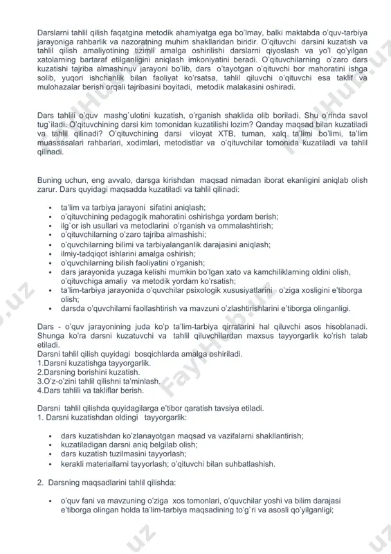 maqsadli yo’lni belgilab olishiga asos bo’ladi. o’qituvchilar aksariyat hollarda dars jarayonida quyidagi xato va kamchiliklarga yo’l qo’yadilar. jumladan: · dars maqsadi bilan o’quvchilarni tanishtirmaslik; · interfaol metodlardan samarasiz foydalanish; · dars jarayonida barcha o’quvchilarning ishtirokini ta’minlay olmaslik; · o’quvchilar bilan yakka va jamoa tartibda ishlashga erisha olmaslik; · o’quvchilarning mustaqil ishlashini ta’minlamaslik. · o’quvchilar bajargan ishlarini vaqtida baholamaslik; · o’qituvchi nutqining ravon ta’sirchan emasligi; · mavzuni amaliyot bilan bog`lab tushuntirmaslik; · mavzuni ilmiy va amaliy nuqtai nazardan tushuntirishga e’tibor bermaslik; · sinf doskasi, darslik, o’quvchi daftari, qo’shimcha adabiyotlardan foydalanishning tizimli yo’lga qo’yilmaganligi; · o’quvchilarga beriladigan savollarning muammoli tarzda tuzilmaganligi kabilar. darslar aniq maqsad asosida kuzatilishi va tahlil qilinishi lozim. shundagina natijasi samarali bo’ladi va o’quv jarayoni yuzasidan aniq xulosa chiqarish imkonini beradi. dars tahlilida tizimsizlik, aniq bir maqsadning yo’qligi, darsga tasodifan qatnashish, darsni chuqur tahlil qila olmaslik, o’qituvchiga amaliy yordam ko’rsata olmaslik esa darslar sifatining va saviyasining pasayib ketishiga olib …