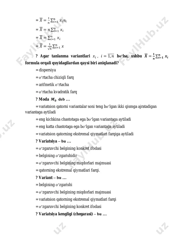 ifodasi ? variatsiya kengligi (chegarasi) – bu … = o‘zgaruvchi belgining konkret ifodasi = variatsion qatorning ekstremal (eng katta va eng kichik) qiymatlari farqi = o‘zgaruvchi belgining miqdorlari majmuasi = belgining o‘zgarishidir ? agar 𝑿𝐦𝐢𝐧 va 𝑿𝐦𝐚𝐱 variatsion qatorning mos ravishda eng kichik va eng katta qiymatlari bo‘lsa, 𝑹 = 𝑿𝐦𝐚𝐱 − 𝑿𝐦𝐢𝐧 tenglik quyidagilardan qaysi birini ifodalaydi? = variatsion qatorni = variatsion qator elementlarini = variatsiya kengligini (chegarasini) = variantni ? agar tanlanma to‘plam qiymatlar bo‘yicha o‘sish (yoki kamayish) tartibida joylashtirilsa, unga … deyiladi. = variatsion qator = dispersiya = o‘rtacha kvadratik qiymat = tuzatilgan dispersiya ? matematik statistika usullari quyidagi qaysi usullarga bo‘linadi? = dispersion tahlil, korrelyatsion va regression tahlil, omilli tahlil, indekslar nazariyasi = ishlab chiqarish funksiyalari nazariyasi, talab va taklif tahlili, chiziqli dasturlash = ishlab chiqarish funksiyalari nazariyasi, talab va taklif tahlili, optimal dasturlash = ishlab chiqarish funksiyalari nazariyasi, omilli tahlil, indekslar nazariyasi ? agar tanlanmada …