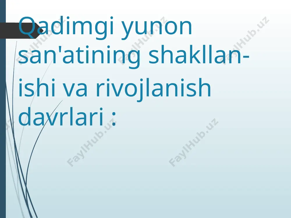 ey ibodatxonasi. ionik ajoyib asarlari. uch tomonda karyatid ustunlari bo'lgan turli shakldagi portiklar mavjud. me'morchilik bir qator xarakterli xususiyatlar olib keldi: keng tarqalgan dekor; yangi kompozitsion texnika. birinchi marta teatrlar qurilishiga katta e'tibor qaratilmoqda! praxitel - xotirjamlik, xayolparastlik, o'ychanlik bilan ajralib turadi. yalang'och ma'buda, murakkab yoshlar. afrodita germes satir artemida afrodita lisippos antik davrning eng mashhur portret rassomlaridan biridir. xarakteristik - bu inson qiyofasida o'zining ichki mohiyatini ochib berish istagi. tasvirning idealizatsiyasi unga begona. аристотель sokrat aleksandr м. germes apoksiomen gerakl aleksandr leoxar. apollon belvederskiy. rim nusxasi. iv asr miloddan avvalgi e. parcha. marmar. vi ellinizm davri (miloddan avvalgi iii-i asrlar) pergamdagi zevs mehrobi. miloddan avvalgi ii asr. shimoliy qanotning parchasi, g'arbiy tomoni. marmar. xudolar va gigantlar jangi. pergamdagi zevs qurbongohining frizi. ii asr. miloddan avvalgi e. marmar. venera milosskaya.. miloddan avvalgi ii asr. marmar. samofrakiyskaya nika. miloddan avvalgi 240-190 yil. marmar. afrodita va pan. miloddan avvalgi 100 yil. marmar. …