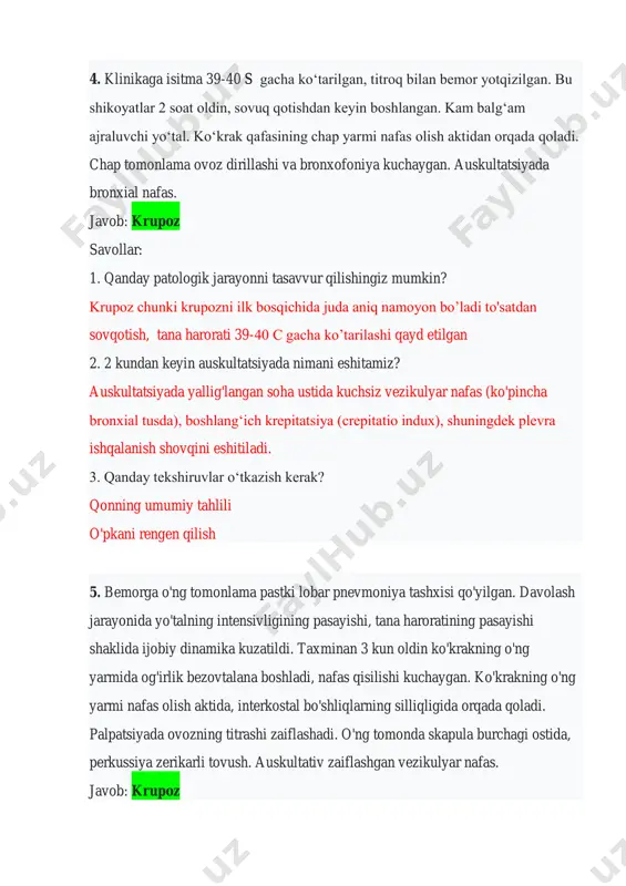 ‘lib ajraluvchi yiringli balg‘amga , xansirash, xolsizlik, terlashga shikoyat kilmoqda. bir oydan beri o‘zini kasal xisoblaydi. ikki xafta avval ko‘p miqdorda yiringli balg‘am ajratgandan so‘ng , axvoli biroz yaxshilangan. bemor chap yonboshga yotganda yo‘tal kuchayadi. ob’ektiv: ko‘zdan kechirganda ko‘krak qafasini o‘ng tomoni nafas aktida orqada qolishi aniqlandi. o‘ng tomonlama o‘mrov osti soxasi palpatsiyasida ovoz dirillashi kuchaygan va perkutor timpatik tovush aniklanmoqda. auskultatsiyada amforik nafas va yirik pufakchali nam xirillashlar aniqlanmoqda. javob: zotiljam savollar: 1. bemorni tekshiruv rejasini tuzing. qonning umumiy tahlili balg'amning umumiy tahlili ekg 2. bemorda qanday o‘pka sindromi rivojlangan? zotiljam 7. 27 yoshli ayol kuchayib boruvchi xansirashga shikoyat qilmoqda. tog‘larga sayoxat safari vaqtida to‘satdan kasal bo‘lib qolgan. xolati aktiv. nos 1 minutda 23ta. ko‘zdan kechirganda ko‘krak qafasini o‘ng tomoni nafas aktida orqada qolishi aniqlanmoqda. palpatsiyada o‘ng tomonda ovoz dirillashi aniqlanmadi. perkutor o‘ng tomonda qutichasimon tovush, auskultatsiyada vezikulyar nafas eshitilmayapti. javob: o’pka emfizemasi voprosы: 1. bemorda qanday o‘pka sindromi …