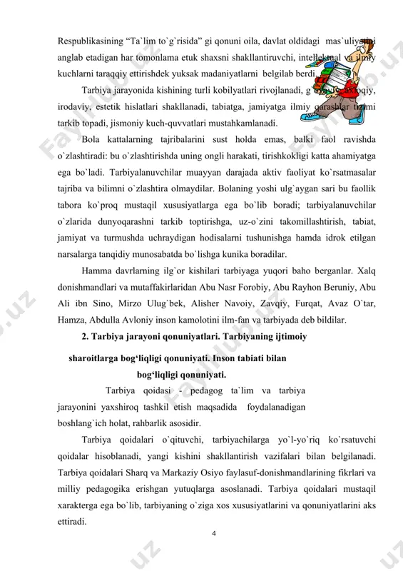 iyatini anglab etadigan har tomonlama etuk shaxsni shakllantiruvchi, intellektual va ilmiy kuchlarni taraqqiy ettirishdek yuksak madaniyatlarni belgilab berdi. tarbiya jarayonida kishining turli kobilyatlari rivojlanadi, g`oyaviy, axloqiy, irodaviy, estetik hislatlari shakllanadi, tabiatga, jamiyatga ilmiy qarashlar tizimi tarkib topadi, jismoniy kuch-quvvatlari mustahkamlanadi. bola kattalarning tajribalarini sust holda emas, balki faol ravishda o`zlashtiradi: bu o`zlashtirishda uning ongli harakati, tirishkokligi katta ahamiyatga ega bo`ladi. tarbiyalanuvchilar muayyan darajada aktiv faoliyat ko`rsatmasalar tajriba va bilimni o`zlashtira olmaydilar. bolaning yoshi ulg`aygan sari bu faollik tabora ko`proq mustaqil xususiyatlarga ega bo`lib boradi; tarbiyalanuvchilar o`zlarida dunyoqarashni tarkib toptirishga, uz-o`zini takomillashtirish, tabiat, jamiyat va turmushda uchraydigan hodisalarni tushunishga hamda idrok etilgan narsalarga tanqidiy munosabatda bo`lishga kunika boradilar. hamma davrlarning ilg`or kishilari tarbiyaga yuqori baho berganlar. xalq donishmandlari va mutaffakirlaridan abu nasr forobiy, abu rayhon beruniy, abu ali ibn sino, mirzo ulug`bek, alisher navoiy, zavqiy, furqat, avaz o`tar, hamza, abdulla avloniy inson kamolotini ilm-fan va tarbiyada deb bildilar. 2. tarbiya jarayoni …
