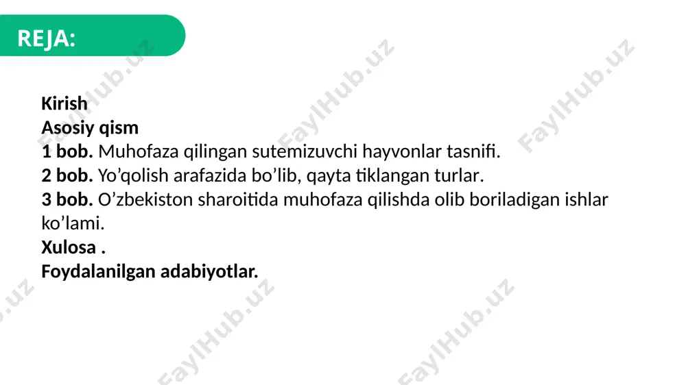 i qo'pol) bilan gibrid qatori sifatida mavjud bo'lib, uning nasl-nasabi bir shaxsga - "kavkaz qo'pol" buqasiga, kenja turining so'nggi naslli vakiliga borib taqaladi. kavkaz bizonihozirgi vaqtda dunyodagi har bir naslli hayvon belovejskiy milliy bog'ida saqlanadigan naslchilik kitobiga kiritilgan. oqdum gnu(uzb) – белохвостый гну(rus) - connochaetes gnou(lotin) 1930 yilga kelib, nazoratsiz ov qilish va yashash joylarini vayron qilish natijasida bir necha yuztagina hayvon tirik qoldi . biroq, milliy bog'larda ko'rilgan chora-tadbirlar tufayli qora yovvoyi hayvonlar soni yana ko'paydi. yo'qolib ketish xavfi allaqachon o'tib ketganiga qaramay, bu afrikadagi eng kam uchraydigan antilopalardan biridir. qoplon(uzb) – леопард (rus) - panthera pardus (lotin) hozirgi vaqtda osiyoda leopardlarni ovlash butunlay taqiqlangan, garchi brakonerlik ko'plab hududlarda hali ham gullab-yashnamoqda ("qora bozorda leopard terisiga doimiy talab mavjud", bundan tashqari, leopard tana go'shtining qismlari xitoy an'anaviy tibbiyotida juda qadrlanadi) 1.3 buxoro bugʻusi(uzb) cervus elaphus bactrianus(lotin) hozirgi vaqtda hisob -kitoblarga ko'ra, buxoro bug'ularining 30-50 foizi yaxshi yashash joylarini qidirish …