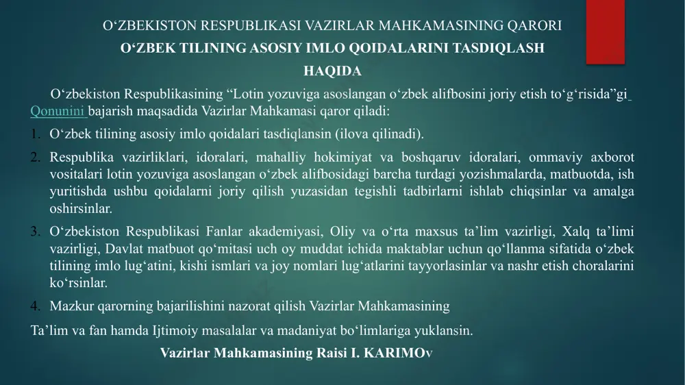 i, pax-takor, paxta-kor kabi. tutuq belgisi oldingi bo‘g‘inda qoldiriladi. va’-da, ma’-rifat, mash’-al, in’om kabi. so‘zning bosh yoki oxirgi bo‘g‘ini bir harfdan iborat bo‘lsa, ular quyidagicha ko‘chiriladi: so‘z boshidagi bir harfdan iborat bo‘g‘in yolg‘iz o‘zi oldingi satrda qoldirilmaydi: a-badiy emas, aba-diy, e-shikdan emas, eshik-dan kabi; so‘z oxiridagi bir harfdan iborat bo‘g‘in yolg‘iz o‘zi keyingi satrga ko‘chirilmaydi: mudofa-a emas, mudo-faa, matba-a emas, mat-baa kabi. 3. o‘zlashma so‘zlarning bo‘g‘inlari chegarasida kelgan ikki yoki undan ortiq undosh quyidagicha ko‘chiriladi: ikki undosh kelsa, ular keyingi satrga birgalikda ko‘chiriladi diagramma, mono-grafiya kabi; uch undosh kelsa, birinchi undosh oldingi satrda qoldirilib, qolgan ikki undosh keyingi satrga ko‘chiriladi: silin-drik kabi. bir tovushni ko‘rsatuvchi harflar birikmasi (sh, ch, ng) birgalikda ko‘chiriladi: pe-shayvon, pe-shona, mai-shat, pi-choq, bi-chiq-chi, si-ngil, dengiz kabi. 4. bosh harflardan yoki bo‘g‘inga teng qism va bosh harfdan iborat qisqartmalar, shuningdek ko‘p xonali raqamlar satrdan satrga bo‘lib ko‘chirilmaydi. aqsh, bmt, toshdu, 16, 245, 1994, xix kabi. harfdan iborat …