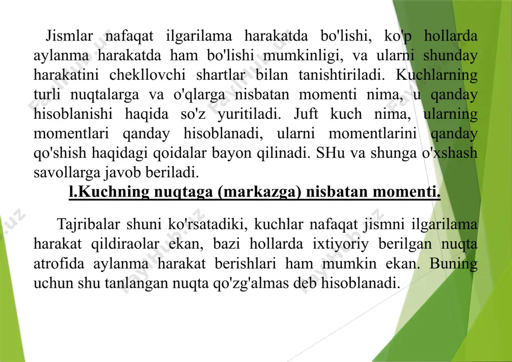 'nalishiga teskari tomonga aylantirishsa musbat ishora bilan belgilanishi qabul qilingan. masalan shaklda ko'rsatilgan kuchning o nuqtaga nisbatan momenti, quyidagicha yoziladi, yani mo (fl) = + f1 -h1 ekh mo (f2 ) = f2 • h2 (4.1) ushbu yozuvdan ko'rinib turibdiki, lotincha m - harf kuchning momentini belgilaydi, indeksdagi o harfi, kuchning qaysi nuqtaga nisbatan momenti hisoblanayotganligini ko'rsatadi. qavs ichida qaysi kuchning momenti aniqlanayotganligi ko'rsatilgan, barobardan keyin shu kuchning tasirida jism, o'sha nuqta atrofida qaysi tomonga aylanishiga bog'liq ravishda, tegishli musbat yoki manfiy ishora qo'yilgan. undan keyin tegishli kuchning son qiymatini uning shu nuqtaga nisbatan elkasiga ko'paytmasi bilan ifodalanadi. shunga ko'ra kuchning nuqtaga nisbatan momentining o'lchov birligi (n*m)larda o'lchanadi, yani kuch birligi (ng'yuton)ning uzunlik birligi (metr)ga ko'paytmasi bilan o'lchanadi. kuchning nuqtaga nisbatan momentining quyidagi xususiyatlari bilan tanishib o'tish lozim deb hisoblayman: 1) kuchni o'z tasir chizig'i bo'ylab boshqa nuqtaga ko'chirsak, uning o'sha nuqtaga nisbatan momenti o'zgarmaydi. 2) agar kuchning son qiymati …