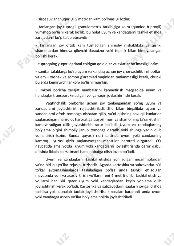 joy tanlashda quyidagilarga e’tiborni qaratish lozim: – yog’ingarchilik suvlarining oqib ketishi uchun tanlangan joy bir oz nishab bo‘lib balandlikda jaylashgan bo‘lishi kerak; – sizot suvlar chuqurligi 2 metrdan kam bo‘lmasligi lozim; – tanlangan joy tuprog’i granulometrik tarkibigiga ko‘ra (qumloq tuproqli) yumshoq bo‘lishi kerak bo‘lib, bu holat uyum va xandaqlarni tashkil etishda xarajatlarni ko‘p talab etmaydi; – tanlangan joy oftob kam tushadigan shimoliy nishablikda va qishki shamollardan himoya qiluvchi daraxtzor yoki tepalik bilan himoyalangan bo‘lishi kerak; – tuproqning yuqori qatlami chirigan qoldiqlar va axlatlar bo‘lmasligi lozim; – sanitar talablarga ko‘ra uyum va xandaq uchun joy chorvachilik inshootlari va em – xashak va somon g’aramlari yaqinidan tanlanmasligi kerak, chunki bu erda kemiruvchilar ko‘p bo‘lishi mumkin; – imkoni boricha xarajat manbalarini kamaytirish maqsadida uyum va handaqlar transport keladigan yo‘lga yaqin joylashtirilishi kerak. vaqtinchalik omborlar uchun joy tanlanganidan so‘ng uyum va xandaqlarni joylashtirish rejalashtiriladi. shu bilan birgalikda uyum va xandaqlarni oftob tomonga nisbatan qilib, …