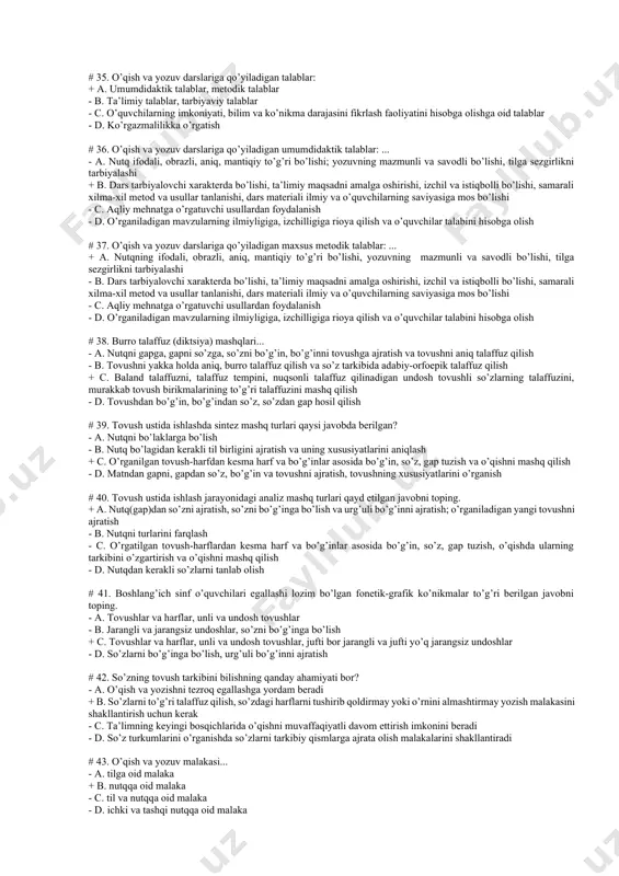 ch, unli tovush va harf o’rganiladigan bosqich va alifbo bosqichlariga bo’linadi # 21. bolalarning savod o’rgatishga tayyorgarligini hisobga olish jihatlari qaysi javobda batafsil bayon qilingan? - a. yozuv ko’nikmasi, o’qish ko’nikmasi + b. o’qish ko’nikmasi, yozuv ko’nikmasi, og’zaki bog’lanishli nutqi - c. og’zaki bog’lanishli nutqi, qancha she’r yod bilishi, 2 yoki 3 ertakni bilishi, tortinib yoki tortinmay ayta olishi, matnga yaqinlashtirib aytib berishi, harflarni yoki so’z va gapni o’qiy olishi - d. yozuv ko’nikmasi: harflarning bosma yoki yozma shaklini yoza olishi, o’z ismini yoza olishi, barcha gaplarni yoza olishi, so’z va gapni o’qiy olishi # 22. savod o’rgatish mashqlarining turlari qaysi javobda berilgan? - a. to’g’ri va burro talaffuz mashqlari + b. analiz mashqlari, sintez mashqlari, artikulyatsiya va burro talaffuz mashqlari - c. matnni gaplarga ajratish mashqlari, bo’g’inlarni tovushlarga ajratish mashqlari - d. tovush-harf tahlili mashqlari # 23. savod o’rgatish jarayonida o’quvchilar amaliy o’zlashtiradigan bilimlar tizimi berilgan javobni belgilang. - …
