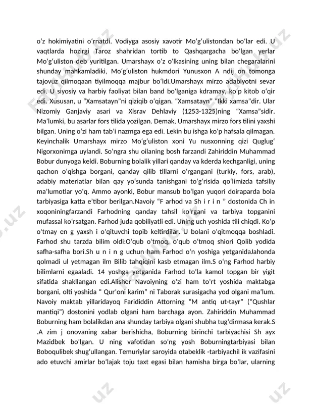 zahiriddin muhammad bobur marhum otasi umarshayxning oʻrniga andijonda taxtga koʻtarildi. b o b ur n i n g a n d i j o n viloyati hukmdorligi boshlanishi bilanoq uning umri uzoq yillar davomida urush lar, yu rish lar, gʻalaba va magʻlubiyatlar bilan kechdi. demak, oʻzbilimi va ijodini yuksaltirmoq uchun sharoit har vaqt ham qulay boʻlgan emas. sh unga qaramay bobur oʻz zamonasining eng yetuk ilm-fan arbobi, shoiri boʻlib yetishdi. shundan maʼlum boʻladiki, bobur oʻsha 12 yoshgacha boʻlgan bolalik yillarida navoiyning farhodi singari koʻp bilimlarni oʻqigan va ularni uqib olgan edi.bobur yashagan zamona va muhitda (xvi asr boshlari) tanilgan sh oirlardan biri muhammad solihdir. a ndij onning yosh hukmroni bobur bu sh oirning koʻp sheʼrlarini yod bilgan. chunki keyinchalik “boburnoma” asarida muhammad s olihning sheʼrlaridan ayrim namunalarni kundalikturmush voqealari bilan bogʻliq ravishda baʼzi lavhalarda keltirgan.bobur andijonda yashagan davrda bu yerdagi madaniy muhit ancha rivoj topgan edi. s.azimjonova akademik yu .n …