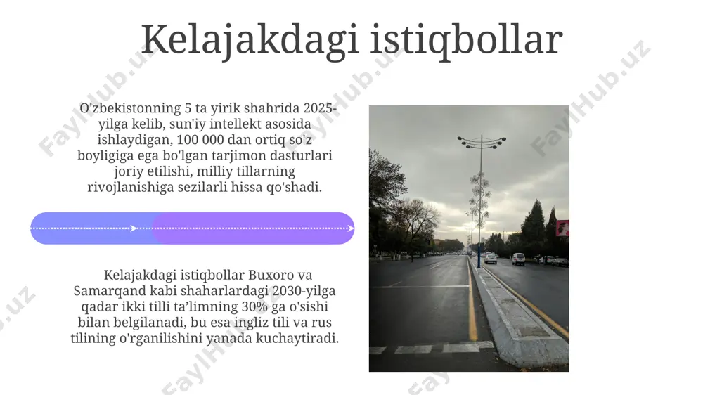 aqtini taqsimlaydi, shu bilan birga, internetdagi yangiliklar portallari ham ushbu nisbatni aks ettiradi. davlat tili sifatida oʻzbek tili oʻzbek tilining davlat tili sifatida mustahkamlanishi, taʼlim tizimida, ommaviy axborot vositalarida va davlat idoralari faoliyatida keng qoʻllanilishi natijasida, taxminan 30 milliondan ortiq kishi uni ona tili sifatida gapiradi. 1989-yildan keyin oʻzbek tilining lotin yozuviga oʻtish jarayoni boshlanib, 2004-yilda yangi lotin alifbosi rasman qabul qilindi, bu esa mamlakatning zamonaviylashuvi va global integratsiyaga qoʻshilishiga hissa qoʻshdi. viloyatlardagi til xilma-xilligi фарғона водийсидаги вилоятларда, хусусан андижон, наманган ва фарғонада, ўзбек тилининг 5 тадан ортиқ шеваси, шунингдек, рус ва қирғиз тилларининг кенг тарқалганлиги кузатилади. тошкент шаҳри ва вилоятида, 5 миллиондан ортиқ аҳоли яшайдиган бу ҳудудда, ўзбек тилининг турли шевалари, рус тили билан бирга, кўп миллатли аҳолининг тил муносабатларини акс эттиради. rus tili va uning taʼsiri 1990-yillardan keyin o‘zbek tilining rasmiy til sifatida mustahkamlanishiga qaramay, rus tili iqtisodiyot va texnologiya sohalarida muhim rol o‘ynab, 30% ga yaqin texnik …
