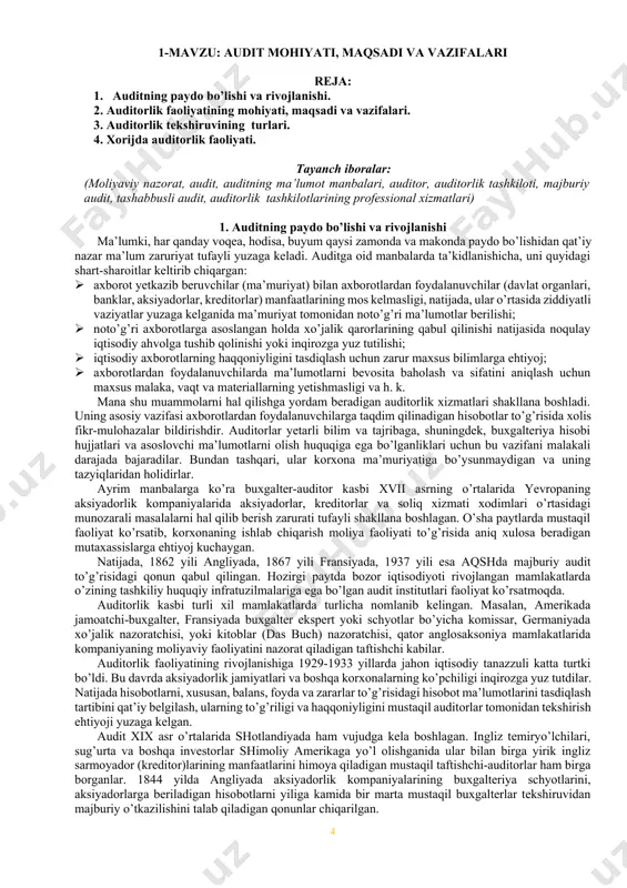va h. k. mana shu muammolarni hal qilishga yordam beradigan auditorlik xizmatlari shakllana boshladi. uning asosiy vazifasi axborotlardan foydalanuvchilarga taqdim qilinadigan hisobotlar to’g’risida xolis fikr-mulohazalar bildirishdir. auditorlar yetarli bilim va tajribaga, shuningdek, buxgalteriya hisobi hujjatlari va asoslovchi ma’lumotlarni olish huquqiga ega bo’lganliklari uchun bu vazifani malakali darajada bajaradilar. bundan tashqari, ular korxona ma’muriyatiga bo’ysunmaydigan va uning tazyiqlaridan holidirlar. ayrim manbalarga ko’ra buxgalter-auditor kasbi xvii asrning o’rtalarida yevropaning aksiyadorlik kompaniyalarida aksiyadorlar, kreditorlar va soliq xizmati xodimlari o’rtasidagi munozarali masalalarni hal qilib berish zarurati tufayli shakllana boshlagan. o’sha paytlarda mustaqil faoliyat ko’rsatib, korxonaning ishlab chiqarish moliya faoliyati to’g’risida aniq xulosa beradigan mutaxassislarga ehtiyoj kuchaygan. natijada, 1862 yili angliyada, 1867 yili fransiyada, 1937 yili esa aqshda majburiy audit to’g’risidagi qonun qabul qilingan. hozirgi paytda bozor iqtisodiyoti rivojlangan mamlakatlarda o’zining tashkiliy huquqiy infratuzilmalariga ega bo’lgan audit institutlari faoliyat ko’rsatmoqda. auditorlik kasbi turli xil mamlakatlarda turlicha nomlanib kelingan. masalan, amerikada jamoatchi-buxgalter, fransiyada buxgalter ekspert yoki …