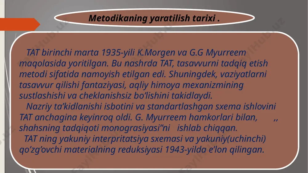 sh sxemasida asosan diagnostic ahamiyatga ega bo’lgan ko’rsatgichlar va shakllanish asosida namoyon bo’ladi. v.e. renge bu bosqichni simtomologik analiz deb atadi. simtomologik analiz asosi quyidagicha bo’ladi:renge simptomologik analiz diagnostic ko’rsatgichlar birikmasi yoki jamlanmasidan diagnostic xulosalarga o’tishni tavsiya etadi, qaysi-ki, interpretatik natija 3 – bosqichda namoyon bo’ladi. sindromologik analiz simtomologikdan farqi u boshqa shakllanishga berilmaydi. adabiyotlar: 1. a.d. leonyev ,,tematicheskiy appertseptivniy test” praktikum po psixodiagnostike. konkretnie psixodiagnostike metodike. moskva- 1989. 2. a.d. leonyev ,,tematicheskiy appertseptivniy test” 2-e izd. streotipnoe . m.:smisl 2000-254s. 3. e.t.sekelova psixodiagnostike issledoianie lichnosti: proektivnie metodiki. m.treis.2002-150s. e’tiboringiz uchun rahmat!!! 17 image1.jpg image2.jpeg image3.png image4.png image5.png image6.png image7.png image8.png image9.png image10.png image11.png image12.png image13.png image14.png image15.png image16.png image17.png image18.png image19.png image20.png image21.png image22.png image23.png image24.png image25.png image26.png image27.png image28.png image29.png image30.png /docprops/thumbnail.jpeg