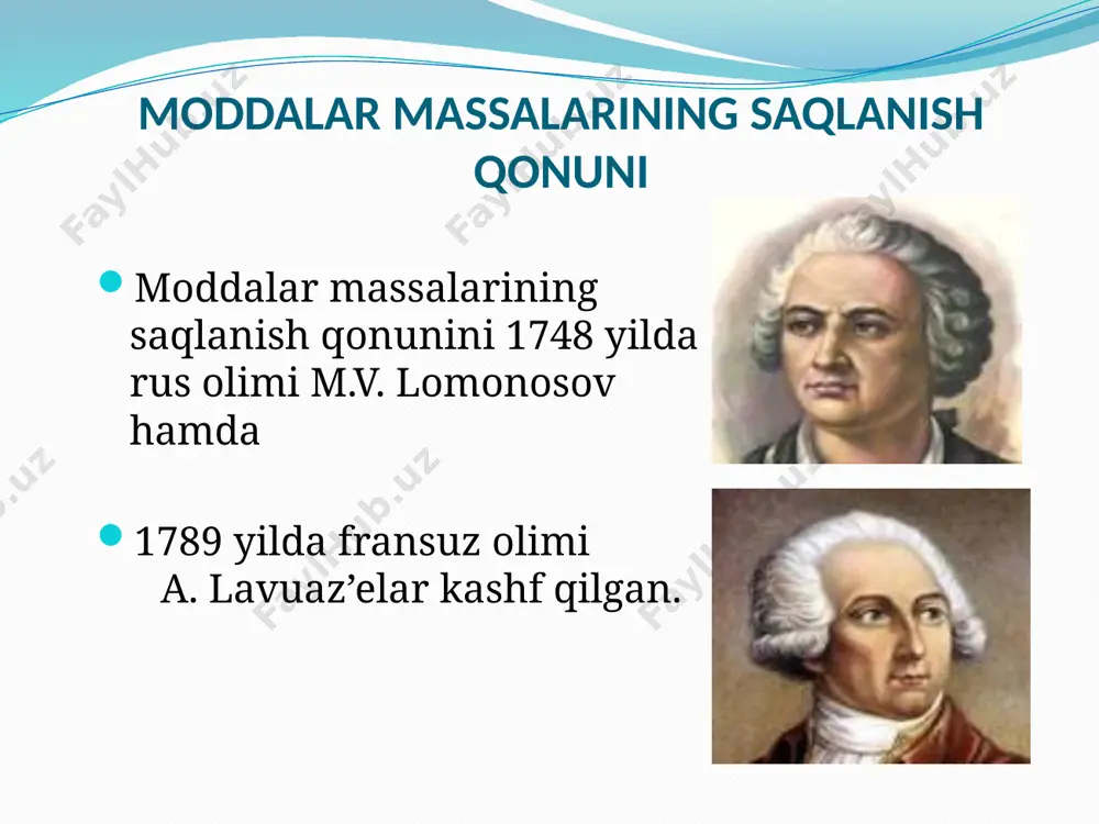 dеmakdir. ekvivalentlar qonuni. moddalarning 1 gram vodorod bilan yoki 8 gram kislorod bilan birika oladigan miqdori shu moddaning …………….. deyiladi. ekvivalenti oddiy moddalarning ekvivalenti- ularning atom og’irligini valentligiga bo’lgan nisbatiga teng. e= e - ekvivalent a – atom massa v - valentlik a v murakkab moddalarning ekvivalenti. oksidlarning ekvivalenti: e al2 o3 = 6 102 kislotalarning ekvivalenti: e h3 po3 = = 33 3 98 asoslarning ekvivalenti: e ca(oh)2 = 74 tuzlarning ekvivalenti: e al2(so4)3 = 2 342 6 =17 =37 =57 3. karrali nisbatlar qonuni. karrali nisbatlar qonuni 1808 yilda j. dalton tomonidan kashf etildi va u quyidagicha ta'riflanadi: «agar ikki elеmеnt bir-biri bilan birikib, bir nеcha birikma hosil qilsa, elеmеntlardan birining shu birikmalardagi ikkinchi elеmеntning bir xil og’irlik miqdoriga to’g’ri kеladigan og’irlik miqdorlari o’zaro oddiy va butun sonlar nisbati kabi nisbatda bo’ladilar». karrali nisbatlar qonuni. masalan, n20; n0; n203; n02; n205, birikmalarda azot o’zaro 1:1 nisbatda bo’lsa, kislorod …