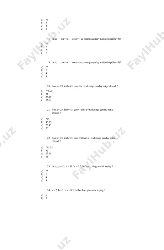 ) to‘g‘ri javob yo‘q 90. while (i<5) i++; operatori necha marta takrorlanadi? a) 5 marta b) 4 marta c) 6 marta d) *to‘g‘ri javob yo‘q 91. i=1; do i++ while (i<5) a) 6 marta b) *4 marta c) 65 marta d) to‘g‘ri javob yo‘q 92. quyida keltirilgan qaysi operator takrorlanuvchi operatorlarga aloqasi yo‘q? a) *case b) for c) continue d) break 93. quyida keltirilgan qaysi operator takrorlanuvchi operatorlarga aloqasi yo‘q? a) *case b) to‘g‘ri javob yo‘q c) continue d) break 94. har qanday sikl tanasi uning holati qadar davom etadi,qachonki ... a) *yolg’on bo’lguncha b) takrorlanishda shart yoq c) rost d) dastur chiqib ketguncha 95. c++ dasturlash tilida ishlatiladigan takrorlanuvchi operatorlar tog’ri ko’rsatilgan javobni tanlang a) *for,while, do while b) while, if, continue c) while, null, type d) cin, gets, char 96. goto operatori boshqaruvni nimaga beradi? a) *nishonga b) satrga c) funksiyaga d) o‘zgaruvchiga 97. qiymat qaytarmaydigan funksiyalar . …