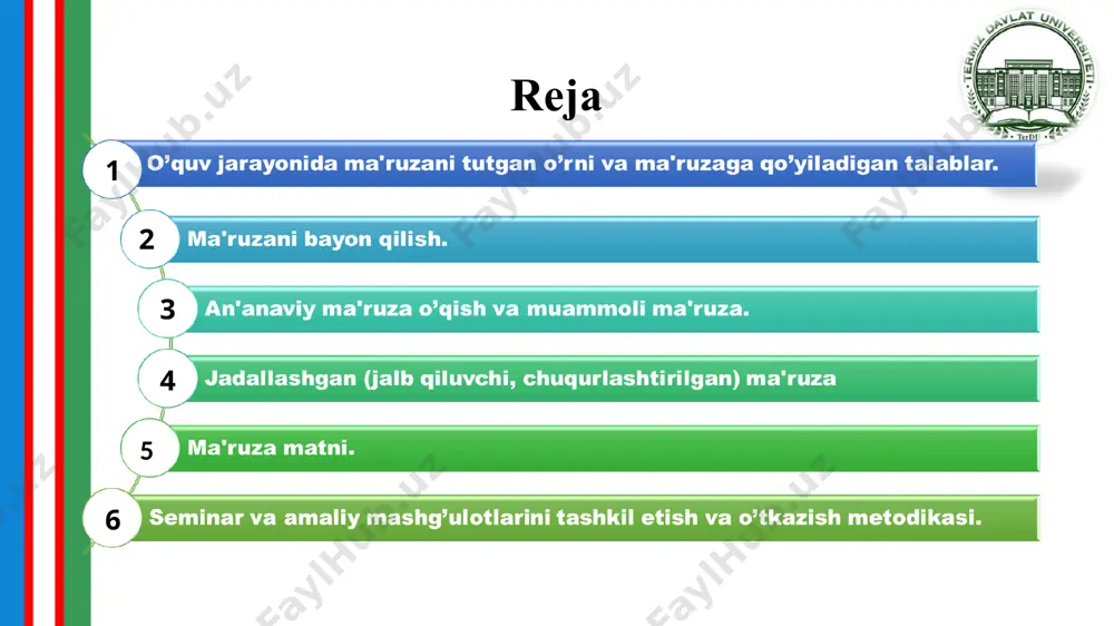 a jalb qilishi va chinakam qiziqishini uyg'otishi mumkin 2. ma'ruzani konkret ma'lumot berishdan muammoli konstruktsiyaga qadar materialni taqdim etish usullarini xilma-xil qilish mumkin, shu bilan talabalarda bilim tafakkur madaniyatini shakllantirishga yordam beradi. 4. ma'ruzachi talabalar uchun o'quv intizomi materialini mustaqil o'rganish yo'llarini belgilash imkoniyatiga ega ma'ruzaning bir qator afzalliklari bor: * 1. mavzu bo'yicha ma'ruzalar kursi uning asosiy mazmunini ochib beradi; 3. ta'lim jarayonining boshqa shakllarining yo'nalishi, mazmuni va samaradorligi ma'ruzaga bog'liq; ta'lim jarayonidagi ma`ruzaning o'rni 2. ma'ruzalar nafaqat mazmunini, balki butun o'quv jarayonining g'oyaviy-nazariy kontseptual va kasbiy yo'nalishini belgilaydi; 4. ma'ruzachining shaxsiy hissiy ta'siri o'rganish motivlari, bilim faoliyati rivojlanadi, dunyoqarashni shakllantiradi. * ma'ruzaning vazifalari: 1. axborot (yangi ma'lumotlar, o'quv materiallari, ilmiy bilimlarni uzatish); 2. yo'naltirish (fanga kirish va kelajak kasbiga kirish, o'quv intizomi bilan tanishish, keyingi rivojlanishni talab qiladigan ilmiy va amaliy muammolarni shakllantirish); 3. metodik (fan metodologiyasi, metodlari va tadqiqot usullari haqida tushuncha beradi); 4. motivatsion va rag'batlantiruvchi …