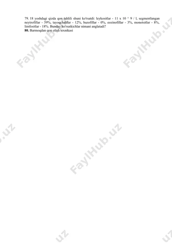 ladi. gemolitik sariqlik uchun uning rangi qanday o`zgaradi va nima uchun? 52. leykotsitar formula sanash texnikasi. 53. gemoglobin aniqlashning klinik diagnostik ahamiyati. 54. qonda rezus –faktorni aniqlash texnikasi. 55 . yurak og'rig'iga shikoyat qiladigan bemorda qon zardobida fermentni aniqlash natijasida miokard infarkti tashxisi qo'yildi . qanday ferment faolligi aniqlandi ? 56. nechiporenko sinamasi o`tkazish texnikasi. 57. jigar fermentlari va ularning diagnostikadagi ahamiyati. 58. qonda individual moslikni aniqlash texnikasi. 59. bemor m., 58 yoshda, gastroenterologiya bo'limida davolanmoqda, umumiy qon tekshiruvida kebot halqachalari aniqlandi . bu qanday kamqonlikni bildiradi? 60. trombositlarni goryayeva kamerasida sanash texnikasi. 61. najasning mikroskopik korinishi. 62. eozinofiliyaning klinik diagnostik ahamiyati. 63 . bemor 45 yoshda, temir tanqisligi kamqonligi tashxisi qo'yilgan. ushbu kamqonlikda qizil qon tanachalarining morfologiyasida qanday o`zgarishlar kuzatiladi? 64. najas surtmasini tayyorlash texnikasi. 65 . magniyning organizmdagi biologik ahamiyati. gipo va giper magniemiya. 66. qonning rang ko`rsatkichini aniqlash klinik diagnostik ahamiyati. 67. terapevt jigar kasalligini bemorda aniqladi, …