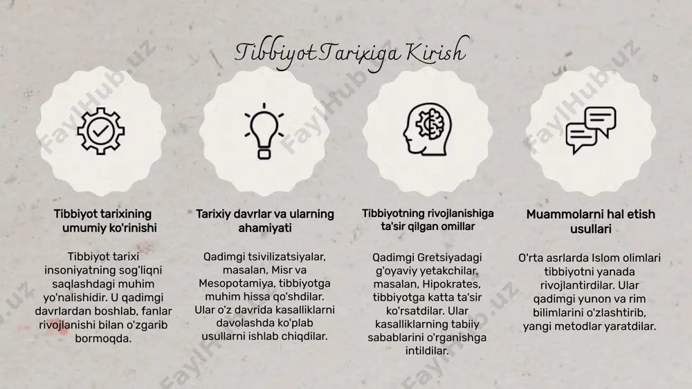 biyotda yangi imkoniyatlar yaratmoqda. ular jarrohlik va diagnostika jarayonlarini osonlashtiradi. telemeditsina masofaviy davolash orqali bemorlar va shifokorlar o'rtasidagi aloqani yaxshilaydi, bu chekka hududlarda muhimdir. yangi texnologiyalar genom tahlili sun'iy intellekt telemeditsina tibbiyotning kelajakdagi rivojlanish yo'nalishlari genom tahlili va shaxsiylashtirilgan davolash - genom tahlili tibbiyotda muhim rol o'ynaydi. - shaxsiylashtirilgan davolash usullari bemorlar uchun moslashtirilgan. - genom tahlili kasalliklarni oldini olishda yordam beradi. - kelajakda genom tahlilining rivojlanishi tibbiyotda yangi imkoniyatlar ochadi. photo by phil goodwin on unsplash foydalanilgan adabiyotlar 1. s. s. umarov. tibbiyot tarixi: o'zbekistonda tibbiyotning rivojlanishi. tashkent university press, 2021 2. m. m. abduqahhorov. o'rta asrlar tibbiyoti: islom olamida tibbiyot. navruz publishing, 2020 3. r. r. karimov. zamonaviy tibbiyot va texnologik yutuqlar. science and technology journal, 2022 4. d. d. murodov. genom tahlili va shaxsiylashtirilgan tibbiyot: kelajak yo'nalishlari. medical innovations, 2023 5. a. a. tashkentov. tibbiyotning tarixi va rivojlanish omillari. tibbiyot va sog'liqni saqlash, 2019 e'tiboringiz uchun rahmat! …