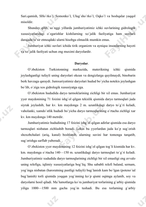 ar kv. km. maydonga o`rtacha 140—150 m. uzunlikdagi daryo tarmoqlari to`g`ri keladi. jumhuriyatimiz xududida daryo tarmoqlarining zichligi bir xil emasligi eng avvalo uning relefiga, iqlimiy xususiyatlariga bog`liq. shu sababli relefi baland, sernam, yog`inga nisbatan (haroratning pastligi tufayli) bug`lanish kam bo`lgan (poteno`ial bug`lanish) torli qismida yoqqan yog`inning ko`p qismi oqimga aylanib, soy va daryolarni hosil qiladi. ma`lumotlarga ko`ra jumhuriyat torlarining g`arbiy qismida yiliga 1000—1500 mm gacha yog`in tushadi. bu esa torlarning g`arbiy yonbag`ridai boshlanuvchi norin. zarafshon. chirchiq, koradaryo kabi daryolarning •sersuv bo`lishiga sababchi bo`lgan. jumhuriyatimiz tekislik qismida esa, aksincha, yoz issiq, quruq, seroftob bo`lib, yillik yog`in miqdori 80—200 mm atrofida, lekin mumkin bo`lgan bug`lanish esa 1500—2000 mm ga yyetadi. bunday iqlimiy sharoitda oqimning vujudga kelishi juda qiyin. shu tufayli jumhuriyatimiz tekislik qismida daryo tarmoqlari juda siyrak. shunday qilib, jumhuriyatimiz tog`li qismi bu qor-muz, yomg`ir suvi yig`iladigan, yyer usti va yyer osti suvlari vujudga keladigan mintaqa bo`lsa, aksincha, uning tekislik qismi esa …