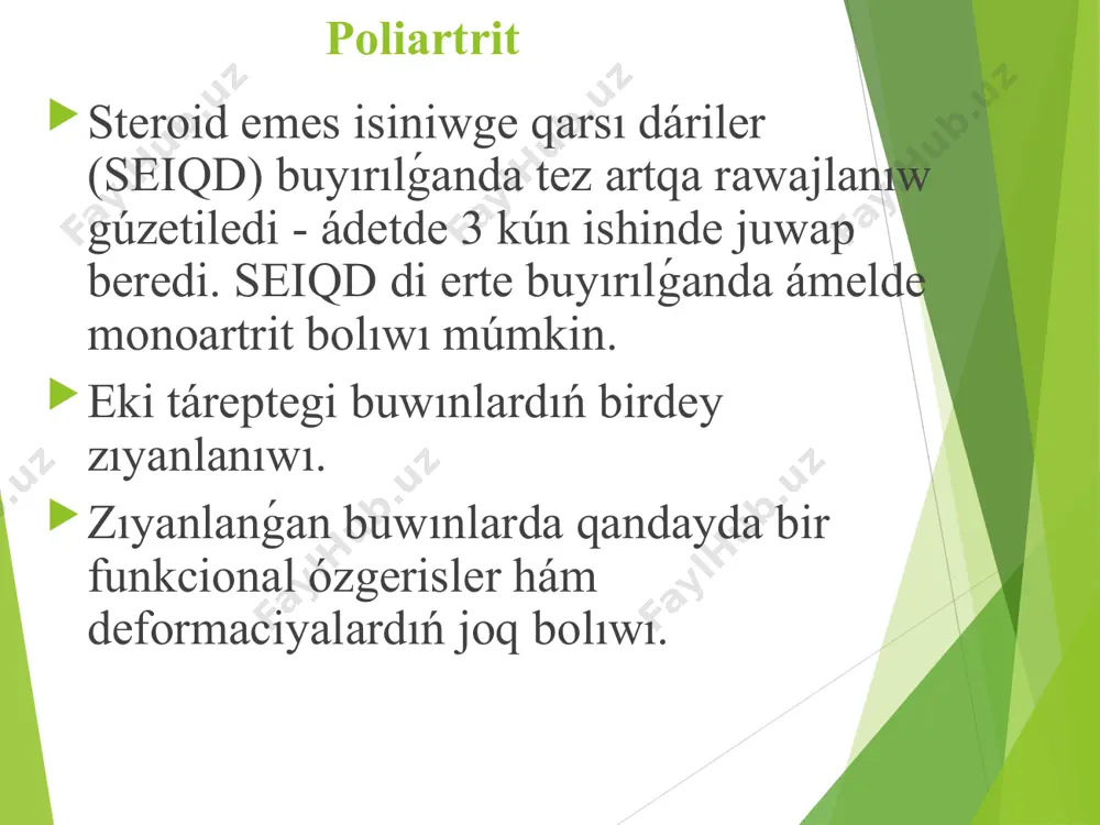 arda anıqlanadı. revmatik processtiń aktivlik kriteryaları maksimal aktivli revmatizm (iii dáreje). klinikalıq simptomatologiya: pankardit ótkir hám ótkir astı diffuzlı miokardit ótkir astı revmokarditi qan aylanıw jetispewshiligi menen ótkir yamasa ótkir astı poliartrit, plevrit, peritonit, glomerulonefrit hám gepatit klinikaları menen birge keshetuǵın ótkir astı yamasa recidivlewshi revmokardit. revmatik processtiń aktivlik kriteryaları júrek ólshemleriniń úlkeyiwi, miokard qısqarıwı páseyiwi, revmatizmge qarsı terapiya ótkizilgende joǵalıp ketetuǵın plevroperikardli spaykalardıń bolıwı. anıq ekg – simptomatikasınıń bolıwı. qanda ózgerisler: neytrofilli leykocitoz, esht nıń 30 mm/s joqarı bolıwı. serologik ózgerisler: asl – 0 hám asg titrları, antistreptokinazalardıń muǵdarı normadan 3-5 ese joqarı bolıwı. kapillyarlar ótkiziwshenliginiń joqarı 2 hám 3 dárejeleri. revmatik processtiń aktivlik kriteryaları ortasha aktivli revmatizm (ii dáreje): klinikalıq simptomatologiya: qan aylanıwınıń 1 hám 2 dárejesi buzılıwları menen keshetuǵin ótkir astı revmokarditi ótkir astı poliartrit, fibrinozli plevrit, peritonit, glomerulonefrit hám sheńber tárizli eritema menen birge keshetuǵın ótkir astı yamasa recidivlewshi revmokardit. ótkir astı poliartrit. revmatik xoreya. revmatik …