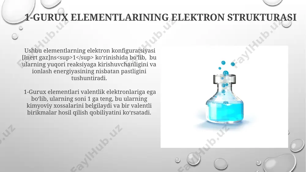 onda 2-3 soat davom etadi va yuqori samaradorlikka ega. kaliyning tozalanish jarayoni vakuum distillatsiyasi orqali amalga oshiriladi va bu jarayonda 700°c atrofida temperatura talab etiladi, shuningdek, 99,99% soflikka erishish mumkin. 1-gurux elementlarining davriy jadvaldagi o'rni 1-gurux elementlari davriy jadvalda yuqoridan pastga qarab harakatlanganda, ularning atom radiusi ortadi va elektrmanfiyligi kamayadi, bu ularning kimyoviy xossalariga ta'sir qiladi. 1-gurux elementlari davriy jadvalning birinchi ustunida, atom raqamlari 1 (vodorod) dan boshlanib, elektron konfiguratsiyasi ns¹ bo'lgan metallar va metallmaslardan iborat. 1-gurux elementlarining ekologik ahamiyati sodyum va kaliy kabi 1-gurux elementlari hayvonlar organizmida nerv impulslarini uzatish va mushaklarning qisqarishini tartibga solishda ishtirok etadi, ularning etishmasligi organizm faoliyatini buzadi. 1-gurux elementlari, xususan, gidrogen va litiy, suvning elektrolit balansini saqlashda muhim rol o'ynaydi, bu esa ko'plab biologik jarayonlarning optimal ishlashi uchun zarur bo'lgan 7 dan ortiq kimyoviy reaksiyalarda ishtirok etadi. 1-gurux elementlarining birikmalari 1-gurux elementlarining gidridlari, masalan, lih va nah, yuqori ion xarakteriga ega bo'lib, kristall panjarasida …