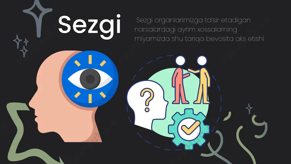 nervini qo'zg'ab, yorug'lik sezgisi hosil bo'ldi. qorong'ida purpur yana tiklanadi ko'rish sezgilaridagi maxsus hodisalar bir vaqtda rang kontrasti izma-iz kontrast presentation «shapko‘rlik* «rang ajratolmaslik» statistika ma’lumotlariga qaraganda, ranglarni ajrata olmaslik hodisasi erkaklar orasida taxminan 4 foiz va ayollar orasida 0,5 foiz uchraydi. qizil va yashil rangni ayira olmaslik hodisasi ko'proq uchraydi. binafsha rangni ajrata olmaslik hodisasi esa kamroq uchraydi. kunduzgi yorug'likda hayot kechiradigan hayvonlar (kaltakesaklar, ilonlar, tovuq, kaptarlar) ko'zining to'r pardasida faqat kolbachalar bo'ladi, ular kechasi hech narsani ko'rmaydi, tunda hayot kechiradigan hayvonlar (ko'rsichqon, ko'rkalamush, kirpilar, boyqushlar, ko'rshapalaklar) ko'zining to'r pardasida faqat taskchalar bo'ladi, ular kunduz kuni ko'rmaydi. eshitish sezgilari musiqiy shovqinli oddiy murakkab tembr asosiy ton - oberton presentation tashqi quloq 0 ‘rta quloq ichki quloq quloq suprasi eshituv yo'li nog'ora parda chig'anoq kamera (yevstaxiy nayi) bolg'acha sandon va uzangi kanal chig'anoqning ichida kortiy organi deb ataladigan bo'lakcha bor. tovush balandligi asosiy tonning balandligi bilan belgilanadi. ton balandligi tovush …