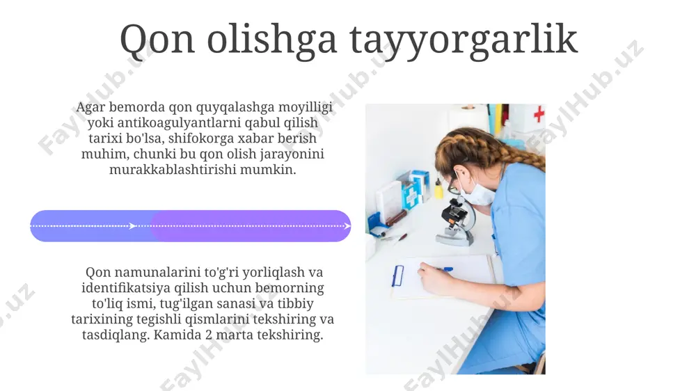 tekshiruv natijalarini tushuntirish bemorga faqat tegishli va tushunarli bo'lgan natijalarni, masalan, qon hujayralari sonining 30% ga kamayganligini sodda va aniq tilda tushuntirish kerak. tekshiruv natijalarini tushuntirishda bemorning his-tuyg'ularini hisobga olish va qo'shimcha savollarga javob berish, 90% hollarda tashvishni kamaytiradi va bemorga yordam beradi. buyrak va siydik chiqarish tizimining tekshiruvlariga tayyorgarlik buyrak biopsiyasi oldidan bemorga protsedura haqida batafsil ma'lumot beriladi va protseduraning xavf-xatarlari, shu jumladan qon ketish xavfi (taxminan 1-5%) haqida ogohlantiriladi. buyrak ultratovush tekshiruvidan 6-8 soat oldin suyuqlik iste'molini cheklash tavsiya etiladi, chunki to'la siydik pufagi tasvir sifatiga ta'sir qilishi mumkin. hamshiralik hujjatlarini to'ldirish bemorning yoshi, jinsi, diagnostikasi va tekshiruvning turi kabi ma'lumotlarni aniq va to'liq yozib olish, shuningdek, 1-ilova №dagi tegishli shakllarni to'ldirish muhim. har bir instrumental tekshiruvdan keyin natijalarni, shu jumladan, bemorning reaktsiyasi va kuzatuvlarini, hujjatga kiritish, kamida 3 parametrni qayd qilish kerak. e'tiboringiz uchun rahmat @taqdimot_robot image4.jpg image5.jpg image6.jpg image7.jpg image8.jpg image9.jpg image10.jpg image11.jpg image12.jpg image13.jpg image14.jpg …