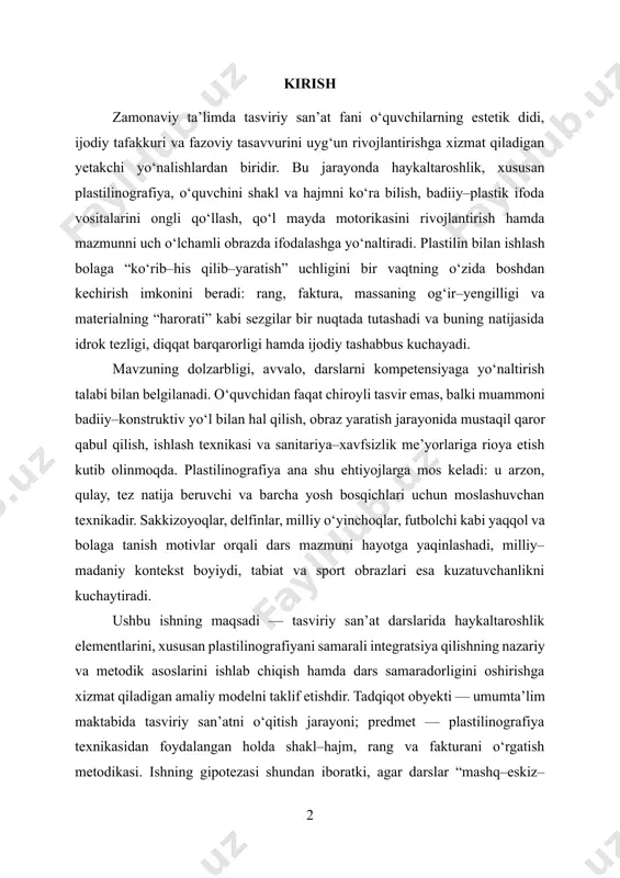 mazmuni hayotga yaqinlashadi, milliy–madaniy kontekst boyiydi, tabiat va sport obrazlari esa kuzatuvchanlikni kuchaytiradi. ushbu ishning maqsadi — tasviriy san’at darslarida haykaltaroshlik elementlarini, xususan plastilinografiyani samarali integratsiya qilishning nazariy va metodik asoslarini ishlab chiqish hamda dars samaradorligini oshirishga xizmat qiladigan amaliy modelni taklif etishdir. tadqiqot obyekti — umumta’lim maktabida tasviriy san’atni o‘qitish jarayoni; predmet — plastilinografiya texnikasidan foydalangan holda shakl–hajm, rang va fakturani o‘rgatish metodikasi. ishning gipotezasi shundan iboratki, agar darslar “mashq–eskiz–yakuniy ish” ketma-ketligida, ko‘rgazmali vositalar (jarayon plakati, kompozitsiya sxemalari, faktura kartalari) hamda formativ–summativ baholash tizimi bilan uyg‘un holda tashkil etilsa, o‘quvchilarning estetik idroki, ijodiy ifodasi va texnik mahorati sezilarli darajada oshadi. tadqiqot vazifalariga quyidagilar kiradi: (1) haykaltaroshlikning tasviriy san’at ta’limidagi o‘rni va tarbiyaviy funksiyalarini tahlil qilish; (2) plastilinografiyaning yosh xususiyatlariga ko‘ra o‘qitish bosqichlari va didaktik tamoyillarini belgilash; (3) dars ssenariysi uchun demonstratsiya, interaktiv stansiyalar va differensial topshiriqlardan iborat algoritmni ishlab chiqish; (4) baholash vositalari — formativ–summativ rubrikalar, kuzatuv jadvallari va …