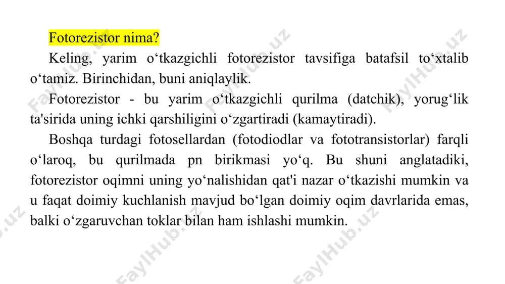 rug‘lik darajasini aniqlash, sirtdagi oq yoki qora joylarni aniqlash va shunga muvofiq chiziq bo‘ylab harakatlanish yoki boshqa harakatlarni bajarish imkonini beradi. modelni yig‘ish uchun bizga quyidagilar kerak: arduino platasi 6 ta sim "papa-papa" fotorezistor yorug‘lik chiqaruvchi diod 220 omli qarshilik 10 kom qarshilik arduino veb -saytidan yuklab olish mumkin bo‘lgan arduino ide dasturi. modelning arduinoga ulanish sxemasi: modelning arduinoga ulanish sxemasi quyidagicha: mustaqil ishlash uchun topshiriqlar: 1. ma’ruzaning nazariy materialini o‘rganish. 2. bundan tashqari ishlatilgan internet -resurslarni o‘rganing. 3. arduinosxemalarini o‘zingiz ulang. 4. arduino ideda mustaqil ravishda bu ish uchun dastur yozing. havolalar 1. https://www.asutpp.ru/fotorezistor.html 2. https://arduinomaster.ru/datchiki-arduino/photorezistor-arduino-datchik-sveta/ 3. https://arduinoplus.ru/kak-ispolzovat-fotorezistor/ 4. https://www.youtube.com/watch?v=xjv2dq14z04&t=136s 5. http://edurobots.ru/2014/05/arduino-fotorezistor/ 6. https://arduinomaster.ru/datchiki-arduino/photorezistor-arduino-datchik-sveta/ 7. https://arduinoplus.ru/kak-ispolzovat-fotorezistor/ thank you that you took the time to watch image1.png image2.png image3.jpeg image4.jpeg image5.jpeg image6.jpeg image7.png image8.jpeg image9.jpeg image10.jpeg image11.jpeg image12.jpeg image13.jpeg image14.png image15.jpeg image16.jpeg image17.jpeg image18.png image19.png /docprops/thumbnail.jpeg