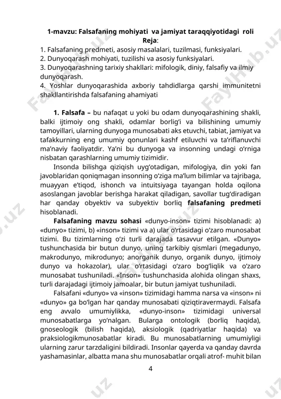 rning barchasida falsafaning gnoseologik funksiyasida namoyon bo‘ladi. 4. ijtimoiy funksiyasi. falsafa insonning ijtimoiy tabiatini va mohiyatini ochib berish bilan birga, u insonning tabiatga munosabatini, jamiyatning tabiat bilan uzviy bog‘liqligini ko‘rsatib beradi, shuningdek,insonning tabiatga g‘amxo‘rlik bilan munosabatda bo‘lishini o‘rgatadi. 5. evristik funksiyasi (“evrika” grekcha so‘z bo‘lib, “kashf etish”, degan ma’noni anglatadi) gnoseologik vazifasi bilan bog‘liq bo‘lib, tabiat, jamiyat va inson tafakkuri rivojlanishining umumiy yangi qonuniyatlarini kashf etishni xarakterlaydi. 6. praksiologik funksiyasi falsafiy g‘oya va nazariyaning ijtimoiy hayotga amaliy tatbiq etilishi bilan izohlanadi. 7. integrativ funksiyasi fan bilan chambarchas bog‘liq. real borliqning yangi va yangi obyektlari va hodisalari inson nazariy tadqiqotlari sohasidan o‘rin olishi, shuningdek,ilgari ma’lum darajada anglab yetilgan narsalar va hodisalarni yanada chuqurroq o‘rganishga bo‘lgan ehtiyoj ilmiy bilim o‘z rivojlanishining dastlabki bosqichlaridayoq tabaqalanishiga turtki beradi. 8. tarbiyaviy funksiyasi. bu funksiyasi kishining aqliy jihatdan kamol topishida, nazariy tafakkurning qaror topishida, jamiyatning yetuk kishisi bo‘lib yetishishida yuksak g‘oyaviy mustahkam e’tiqod ruhida tarbiyalashda, ilmiy …