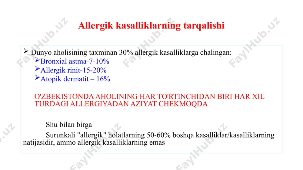 qat allergiyalari boshlang'ich sensibilizatsiya bo'lib, uning fonida o'zaro reaktsiyalar natijasida boshqa allergenlarga yuqori sezuvchanlik hosil bo'ladi. oziq-ovqat allergenlari tez-tez uchraydigan oziq-ovqat allergenlari: tovuq tuxumi (91%); sigir suti oqsillari (84%); baliq (52%); kleykovina (40%); mol go'shti (36%); banan (32%); donli mahsulotlar (27%); soya (26%). aeroallergenlar biroq, bolaning o'sishi bilan oziq-ovqat allergiyasining dominant roli asta-sekin kamayadi, ammo aeroallergenlarning ahamiyati, birinchi navbatda, oshadi: maishiy (38%); epidermal (36%); polen (32%); bakterial (20%); qo'ziqorin (15%). aeroallergenlar bakterial allergenlar orasida staphylococcus aureus muhim rol o'ynaydi, bu 80-90% hollarda terining ta'sirlangan joylarini kolonizatsiya qiladigan asosiy mikroorganizm hisoblanadi. bolalarda surunkali infektsiya o'choqlari mavjudligi bilan bog'liq bo'lgan endogen bakterial sezuvchanlik (20%) ige ning haddan tashqari ko'payishiga yordam beradi va ad og'ir formasinini sababi hisoblanadi. teridagi patologik jarayonning rivojlanishi va saqlanishida turli xil qo'ziqorinlar, ayniqsa teri mikroflorasining bir qismi bo'lgan xamirturushga o'xshash qo'ziqorinlar faol ishtirok etadi, ammo bolalarda ad chagiruvchi patogenlarga aylanadi. 11 sabab omillarining ta'sirini kuchaytiradigan omillar parhez rejimining …