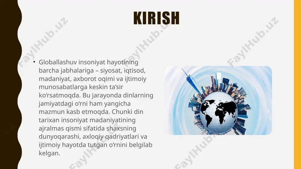 llashuv diniy qadriyatlarga ham yangi imkoniyatlar, ham qator muammolarni olib kirdi: imkoniyatlar: internet va ommaviy axborot vositalari diniy bilimlarni keng yoyishga, xalqaro muloqot va hamkorlikni kuchaytirishga xizmat qilmoqda. muammolar: ayrim hollarda diniy qadriyatlarning soddalashtirilishi yoki noto‘g‘ri talqin qilinishi, ekstremistik g‘oyalar tarqalishi ehtimoli ortmoqda. bu esa jamiyat barqarorligiga tahdid solishi mumkin. xulosa hozirgi globallashuv sharoitida dinlarning jamiyat hayotidagi o‘rni tobora ortib bormoqda. din shaxsning ma’naviy kamoloti, axloqiy tarbiyasi va ijtimoiy birdamlikni ta’minlashda muhim omil sifatida xizmat qilmoqda. shu bilan birga, globallashuv jarayonida dinlardan noto‘g‘ri foydalanish xavflari ham mavjud. shu bois dinlarning jamiyatdagi o‘rni masalasiga ilmiy, ma’rifiy va madaniy yondashuv asosida qarash, diniy bag‘rikenglik va milliy qadriyatlarni uyg‘unlashtirish bugungi kunning muhim vazifalaridan biridir. image1.png image2.jpeg image3.png /docprops/thumbnail.jpeg