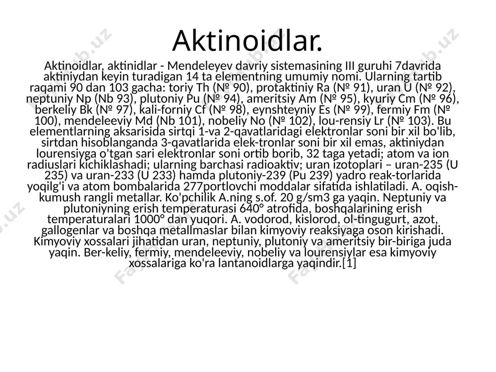ini birinchi marta 1896 yilda a. a. bekkerel kashf qilgan. u uran tuzlaridan nomaʼlum nurlar chiqishini, bu nurlar xuddi rentgen nurlari kabi har xil moddalardan o'tishini, fotografiya plstinkasini qoraytirishini birinchi bo'lib aniqladi va ularni radioaktiv nurlar deb atadi. tez orada toriyning radioaktivligi aniqlandi. 1898 y.da esa m. sklodovskaya kyuri va p. kyurilyar ikkita yangi radioaktiv element (poloniy va radiy) ni kashf etdilar. e. rezerford va yuqorida nomlari zikr etilgan olimlarning kuzatishlari natijasida radioaktiv moddalar o'zidan uch xil ko'rinishdagi (a, r va u)nurlarni chiqarishi aniqlandi va bu nurlarning tabiati o'rganildi: anurlar ikkita musbat zaryadga ega bo'lgan geliy atomining yadrosidan iborat; nurlar manfiy zaryadga ega bo'lgan elektronlardan iborat; unurlar rentgen nurlariga o'xshaydigan elektromagnit nurlanishdir. sun’iy radioaktivlik. uran radioaktiv chiqaradigan yagona element emas. radioaktivlikni har tomonlama chuqur o’rgangan er – xotin mariya va pyer kyurilar uran rudasidan ikkita radioaktiv element – poloniy (po) va radiy (ra) larni ajratib olish sharafiga muyassar bo’ldilar. tabiiy …