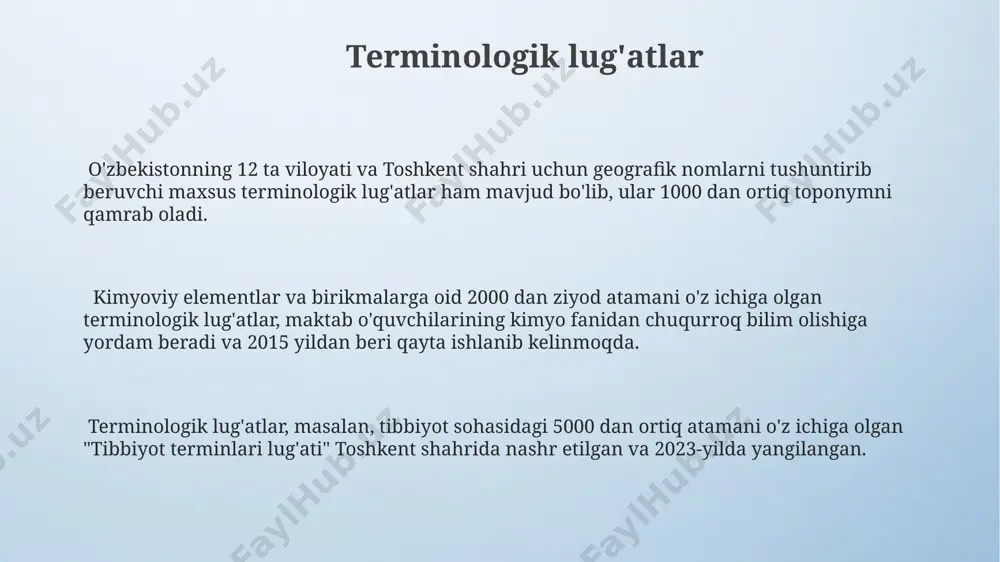 rini o'z ichiga olishi mumkin. toponimik lug'atlarning tuzilishi, masalan, alifbo tartibida joylashtirilgan 2000 ta kirish so'z va ularning izohlari bilan, geografik koordinatalarni ham o'z ichiga olishi mumkin. ba'zi toponimik lug'atlar tarixiy ma'lumotlarni, masalan, samarqand yoki buxoro kabi shaharlarning qadimgi nomlarini va ularning kelib chiqishini aks ettiradi. e'tiboringiz uchun rahmat @taqdimot_robot image4.png image3.jpeg